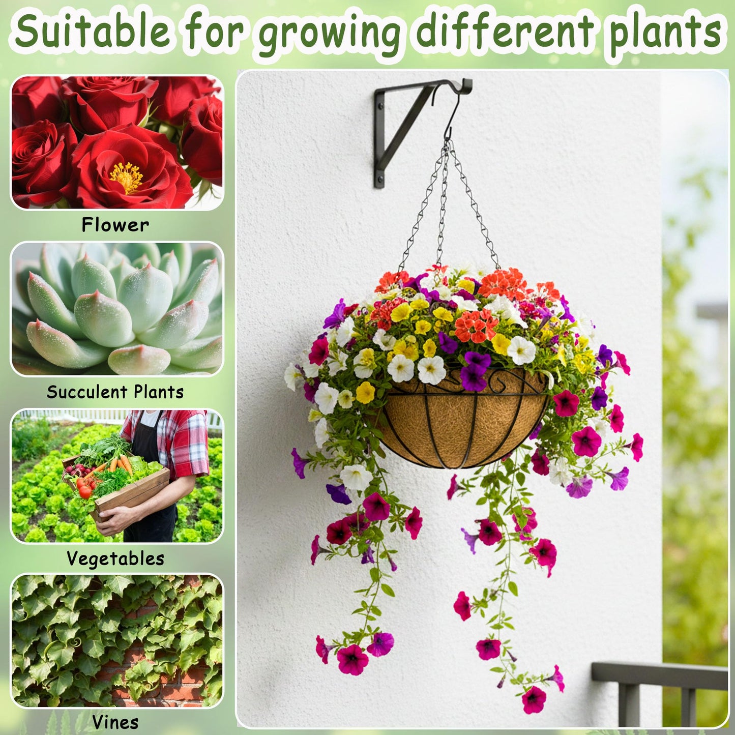 SMYAXUNW 14 Inch Hanging Planters (4 Pack) - Round Metal Baskets with Cocoa Liners for Indoor/Outdoor Gardens, Porch & Patio Decor（HB）