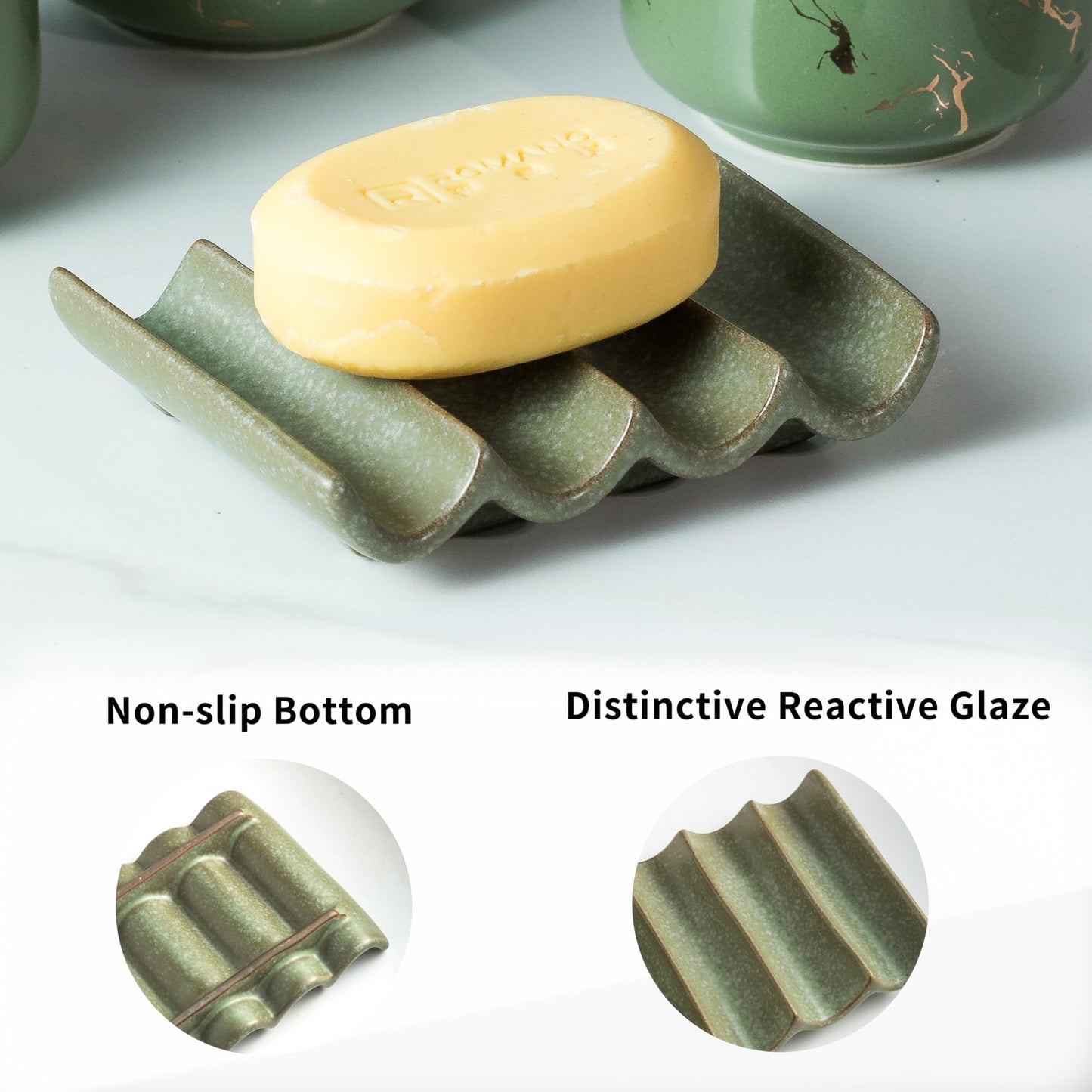 Cormomu Draining Ceramic Soap Dish - Fluted Design, Bar Soap Holder for Shower & Bathroom, Soap Saver Sponge Lift, Green