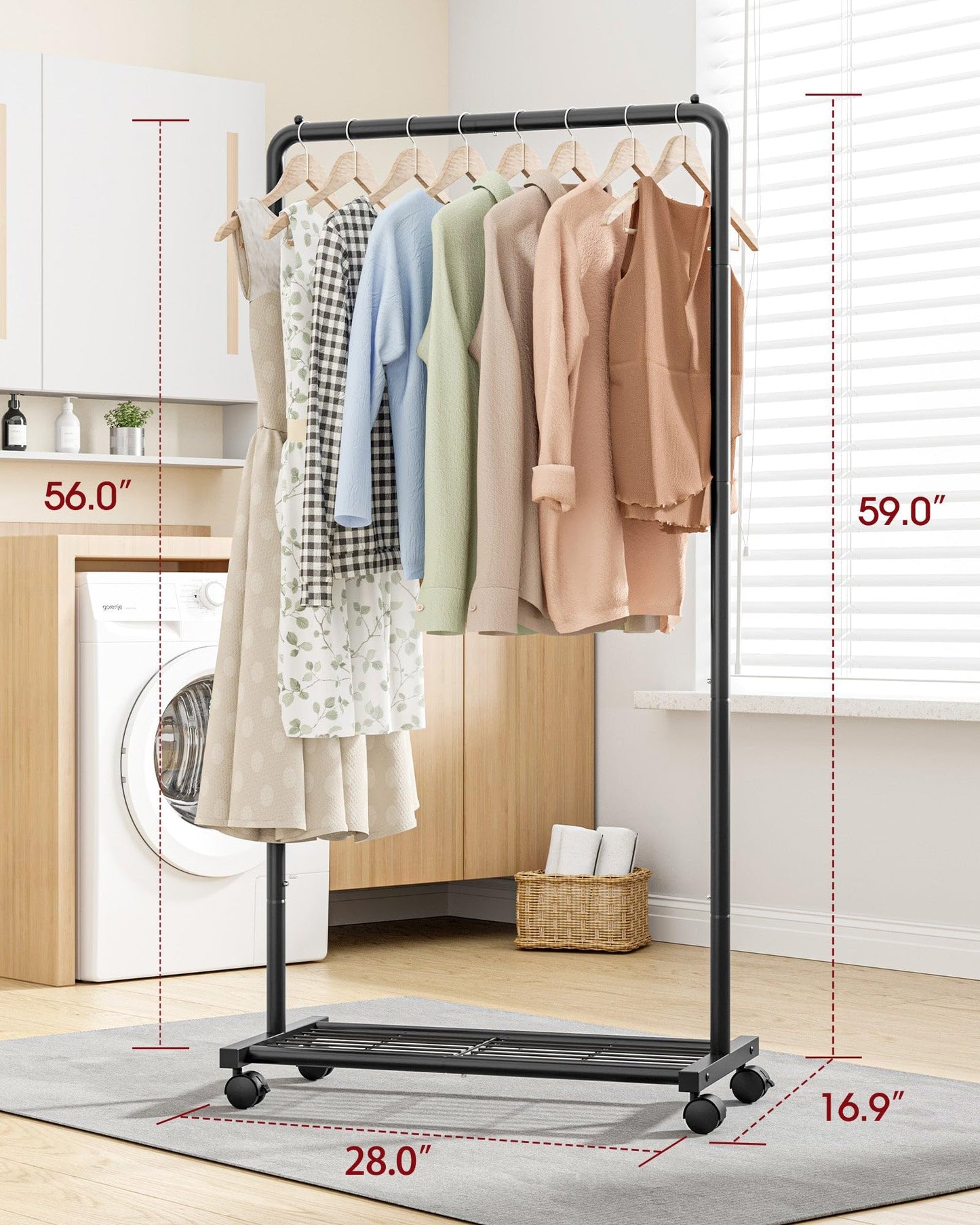 Sakugi Clothes Rack - Clothing Rack with Storage Mesh Shelf & Casters, Heavy-Duty Metal Clothing Rack for Hanging Clothes, Dresses, Coats, Large Load Capacity, Easy Assembly, Black, 28.0"x16.9"x59.0"