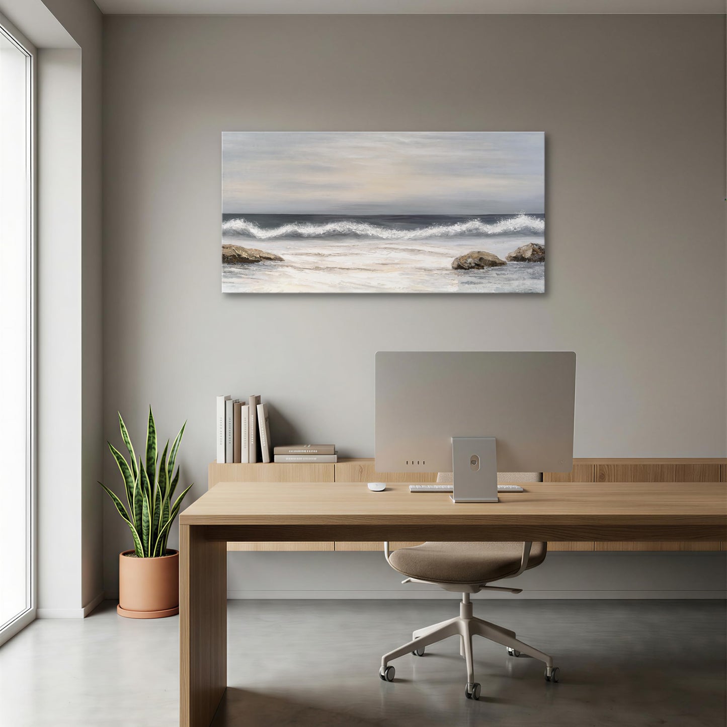 SENROLAN Neutral Blue Grey Seascape Canvas Wall Art, Coastal Ocean Waves Horizontal Wall Decor for Living Room, Modern Coastal Home Decor for Bedroom Hallway Entryway, 40x20 Inch