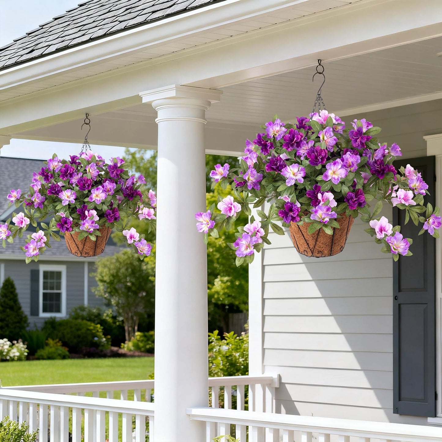 Ammyoo Artificial Hanging Flowers for Outdoors Hanging Baskets, 3 Pcs Fake Silk Flower with Hanging Baskets Planter for Spring Summer Garden Porch Patio Yard Outside Decor