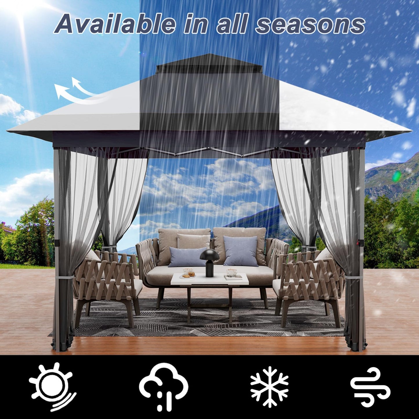 Garvee 12x12 Gazebo, Instant Outdoor Canopy Tent with Mosquito Netting, Screen Tent with 4 Ropes, 8 Stakes, 4 Sandbags and Wheeled Storage Bag, Shelter Canopy for Patio Garden Backyard, Gray