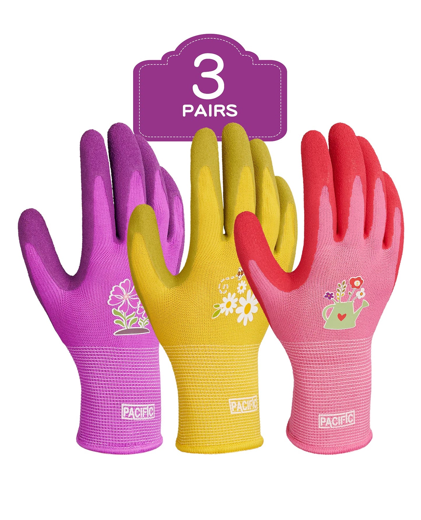 PACIFIC PPE 3 Pairs Gardening Gloves for women, Rubber Coated Garden Gloves, Ladies Yard Work Gloves, Breathable, Purple & Yellow & Red, Medium