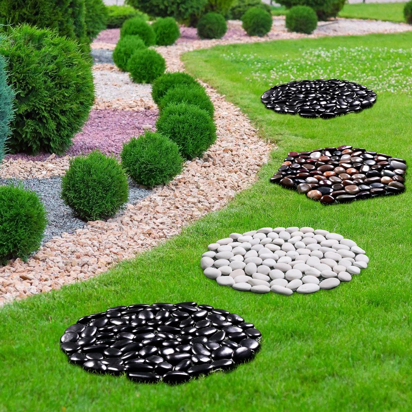 Ausluru 10in River Rock Stepping Stones Set - 6 Pack | Polished Pebble | Long-Lasting PVC Mesh Backing | Perfect for Garden Paths and Lawns Outdoor Landscaping Decoration | Rhombus and Round Set