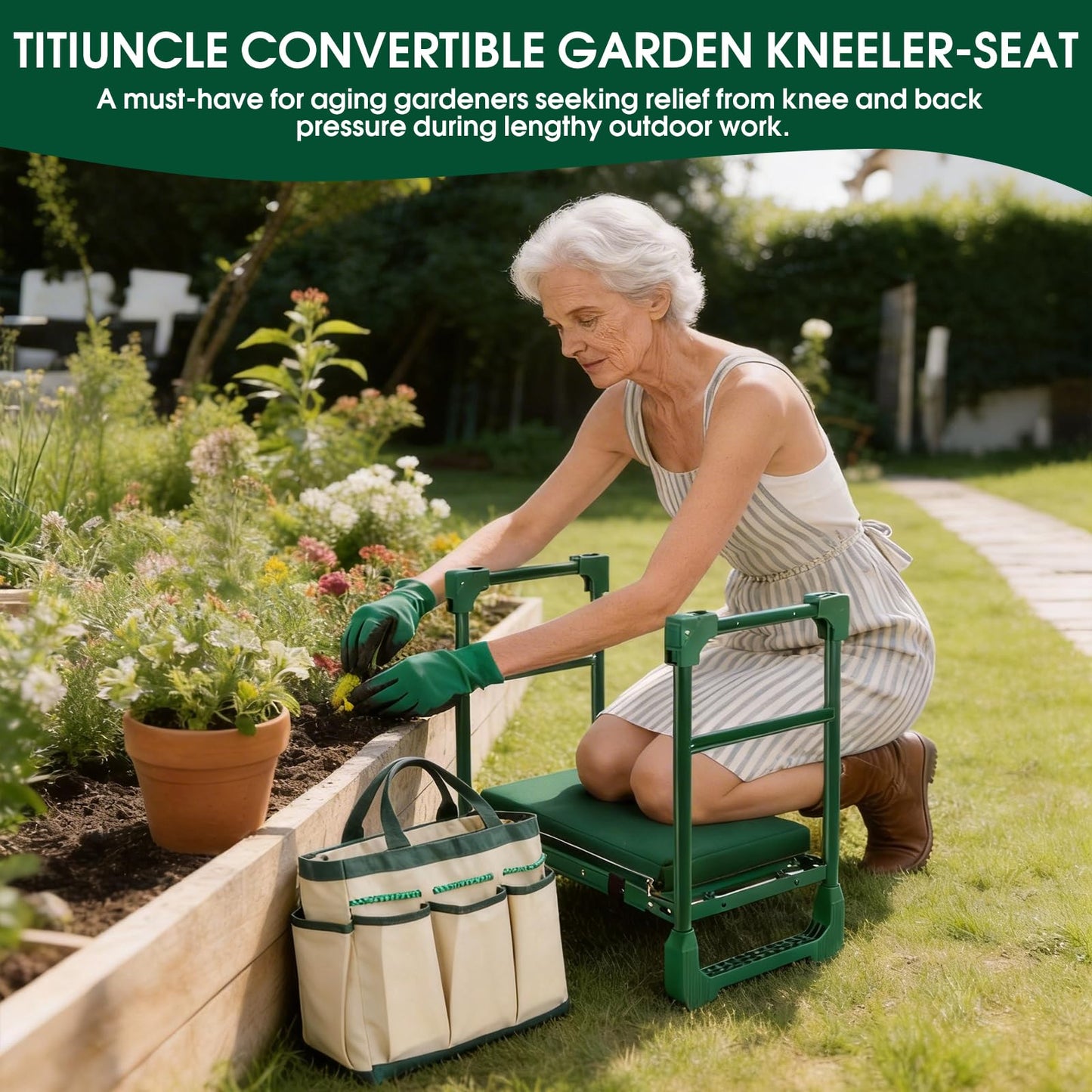 TITIUNCLE Garden Kneeler and Seat for Seniors: Heavy Duty 420 LBS Support Anti-Tip Multifunctional Gardening Stool Bench with Widened Thick Soft Kneeling Pad &Tool Bag - Foldable for Gardeners