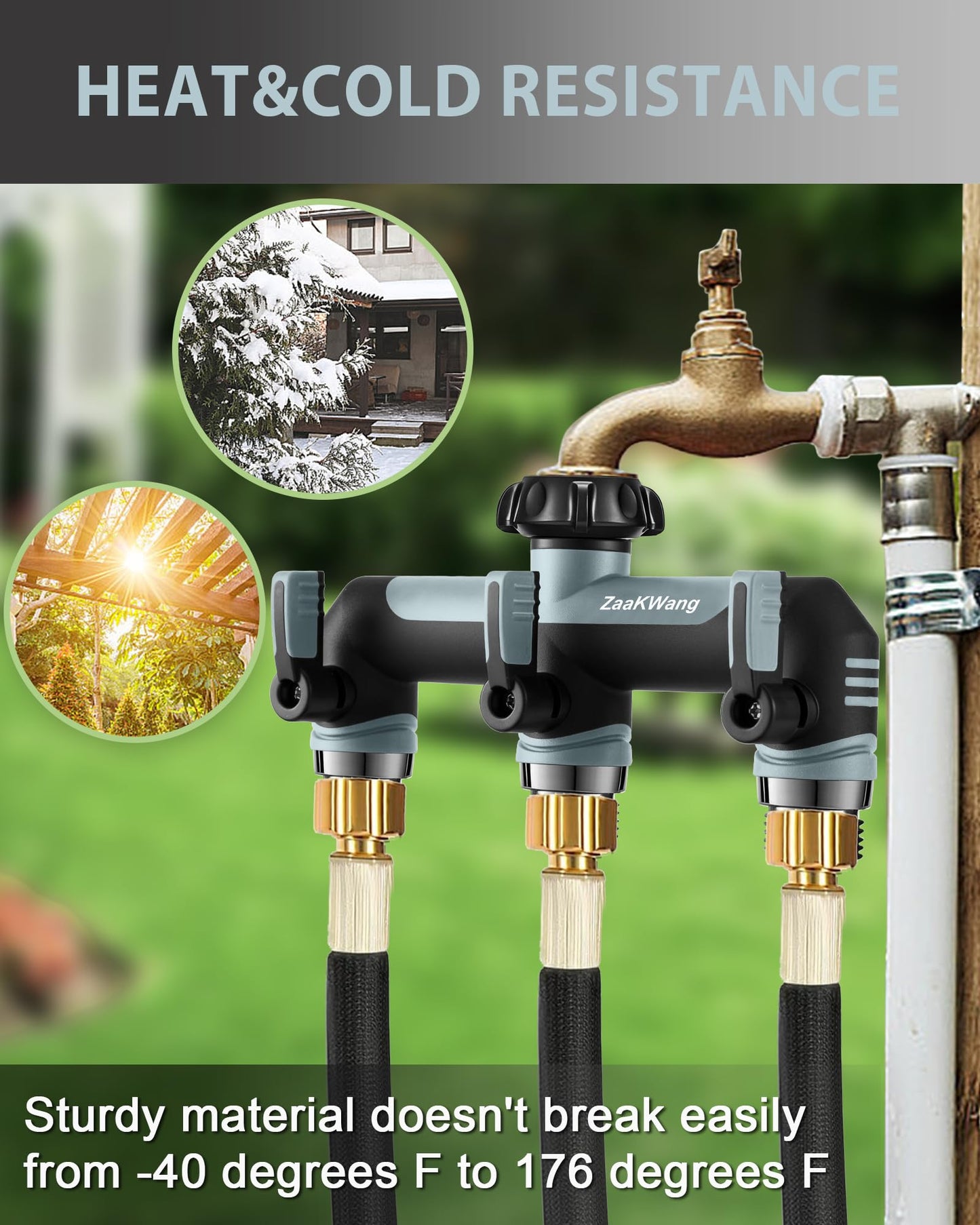 ZaakWang Garden Hose Splitter, 3 Way Hose Splitter, Heavy Duty Water Hose Bib Spigot Splitter, Outdoor Faucet Splitter with Shutoff Valve, T Adapter Connector with 3/4 - Inch GHT Thread (Grey)
