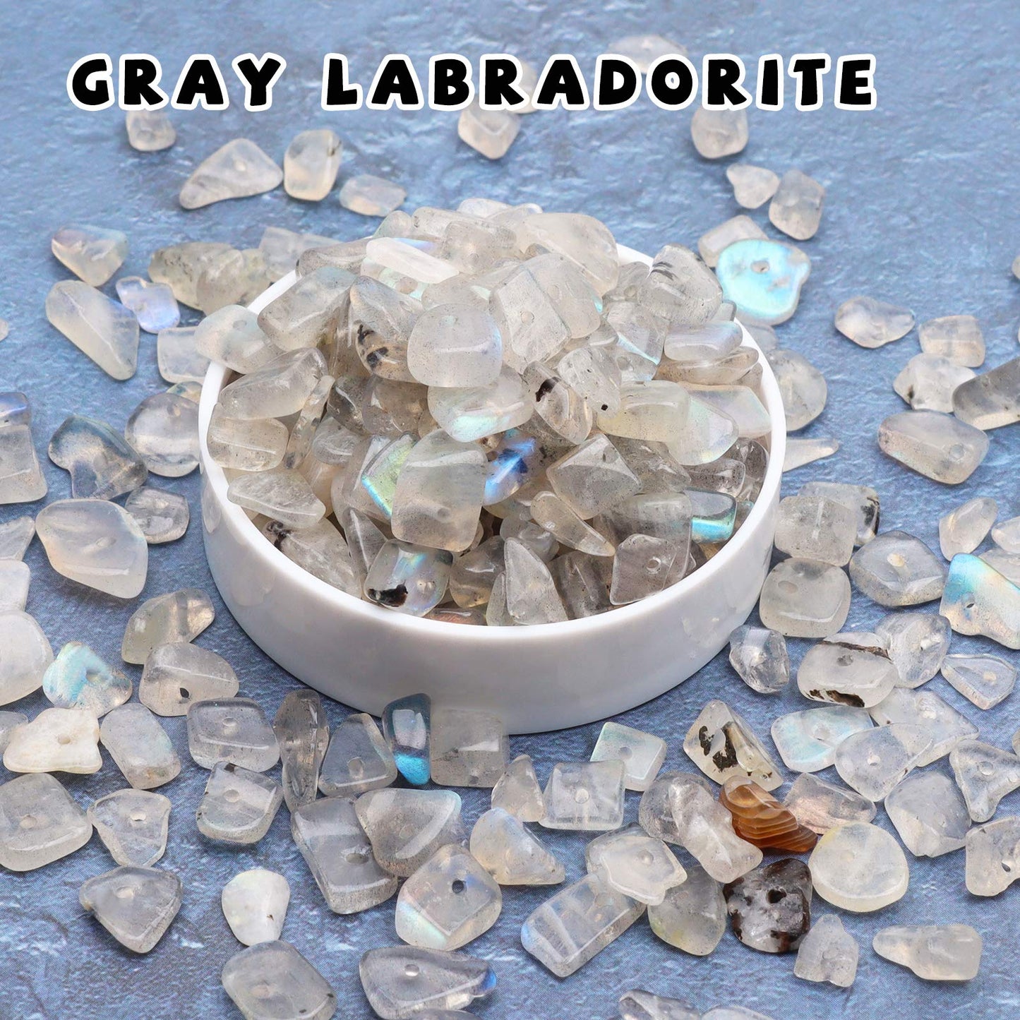 500 pcs Natural Chip Stone Beads, Gray Labradorite 5-8 mm Irregular Gemstones Healing Crystal Loose Rocks Bead Hole Drilled for Jewelry Making Bracelet