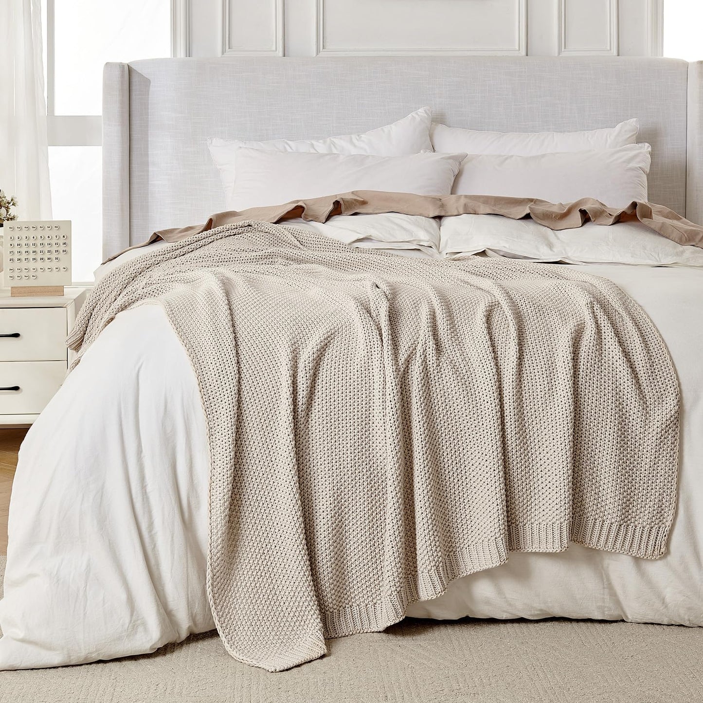 Joydeco Chunky Cable Knit Throw Blanket, Lightweight 100% Organic Cotton Soft Cozy Throw Twin Blanket for Couch Bed and Sofa, Rustic Breathable Farmhouse Blanket Gift for Women Men(Beige, 51"x63")