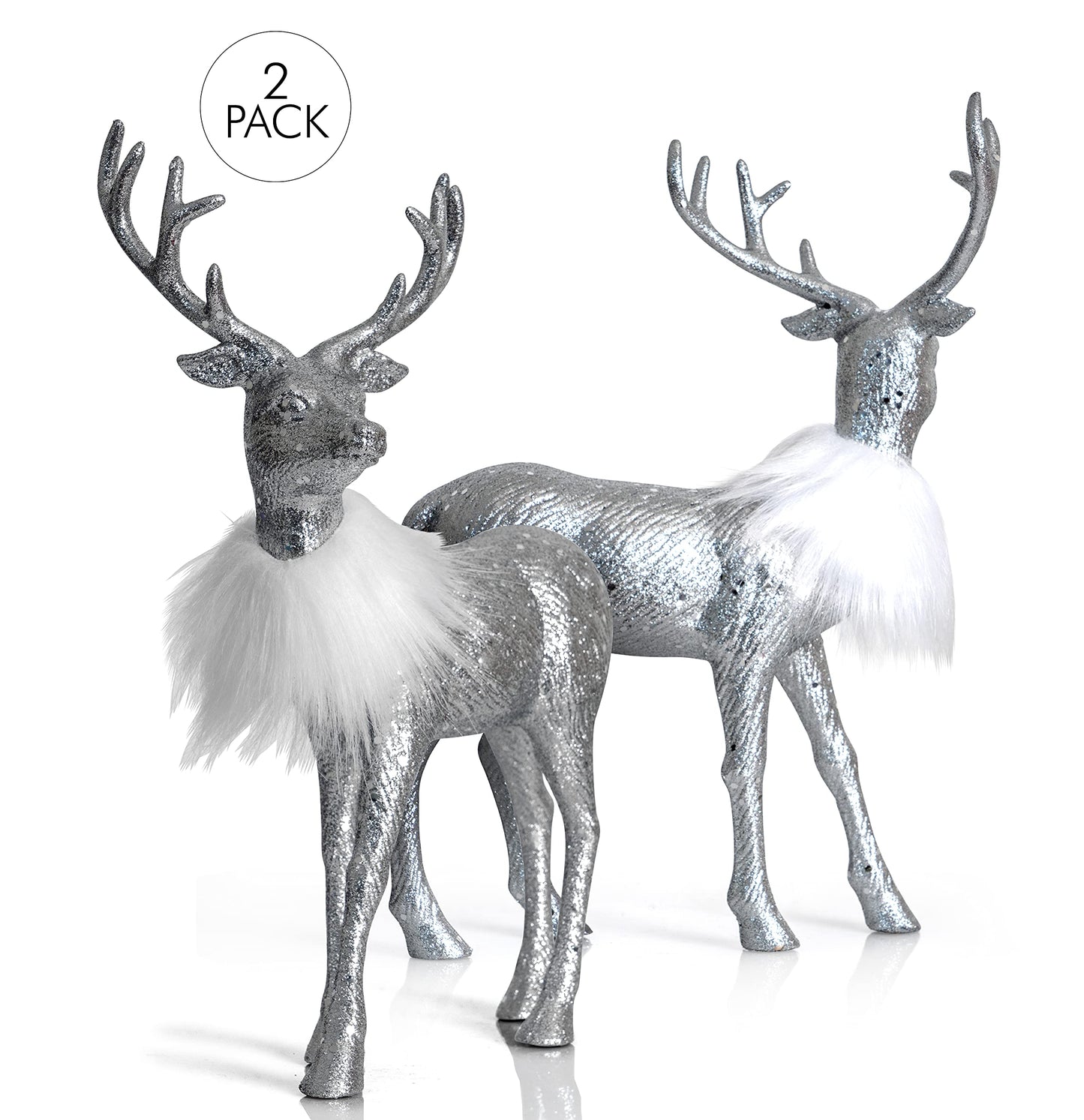 Ornativity Silver Glitter Christmas Reindeer - Xmas Holiday Party Deer Figurine Statues Dinner Tabletop Decorations Centerpiece Mantle - 12" Pack of 2