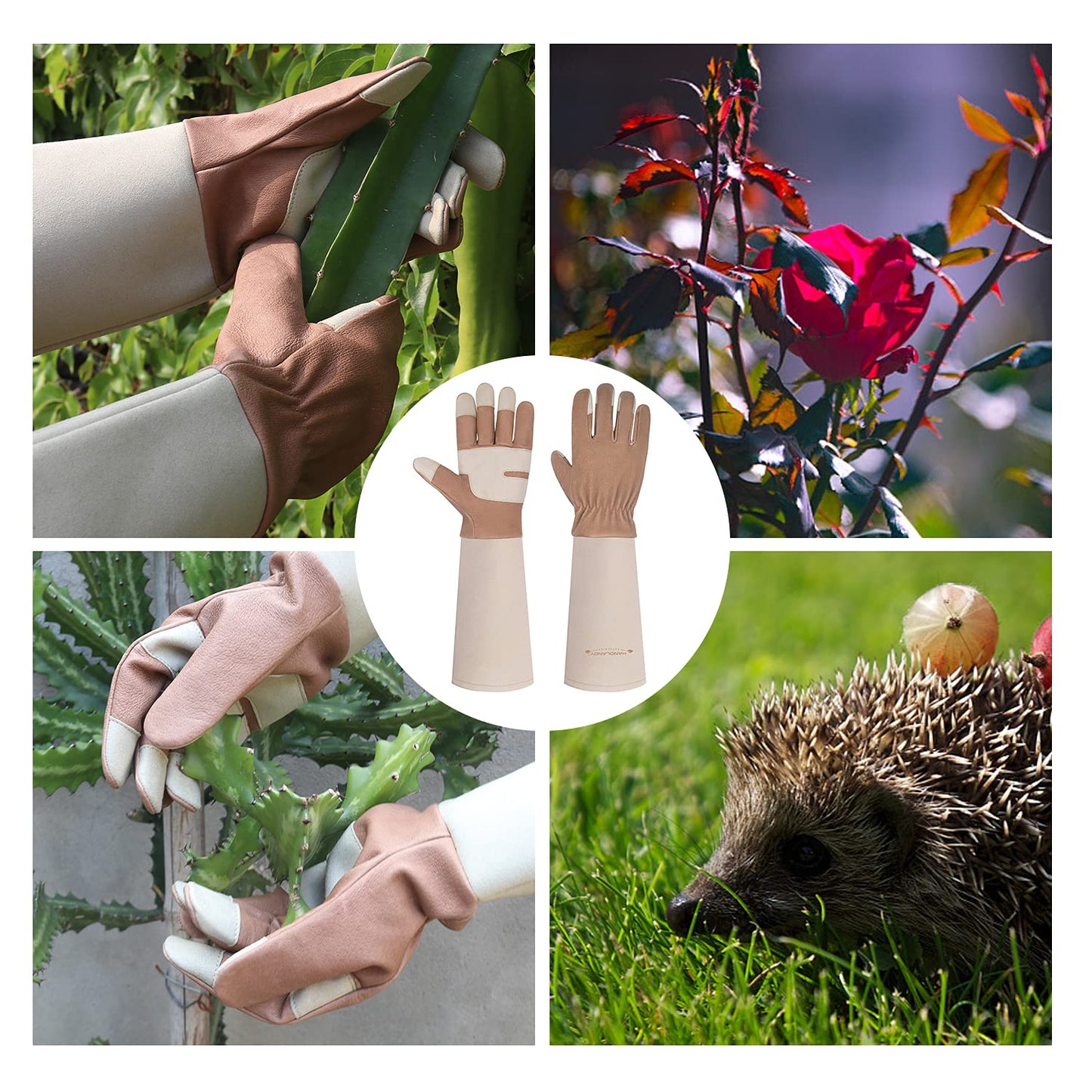 HANDLANDY Long Gardening Gloves for Men & Women, Thorn Proof Rose Pruning Gloves Leather Gauntlets Garden Glove Yard Work Glove (Warm Brown, Large)