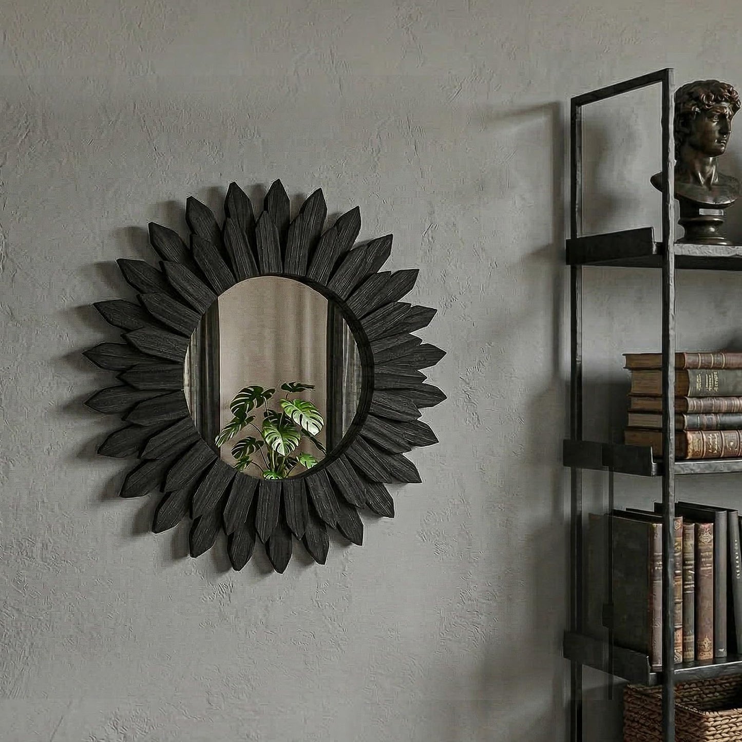 VETROVUE 24 Inch Black Boho Wall Decor Sunburst Mirror - Round Wooden Wall Decor, Handmade Rustic Circular Mirror for Living Room, Bedroom, Entryway, Office