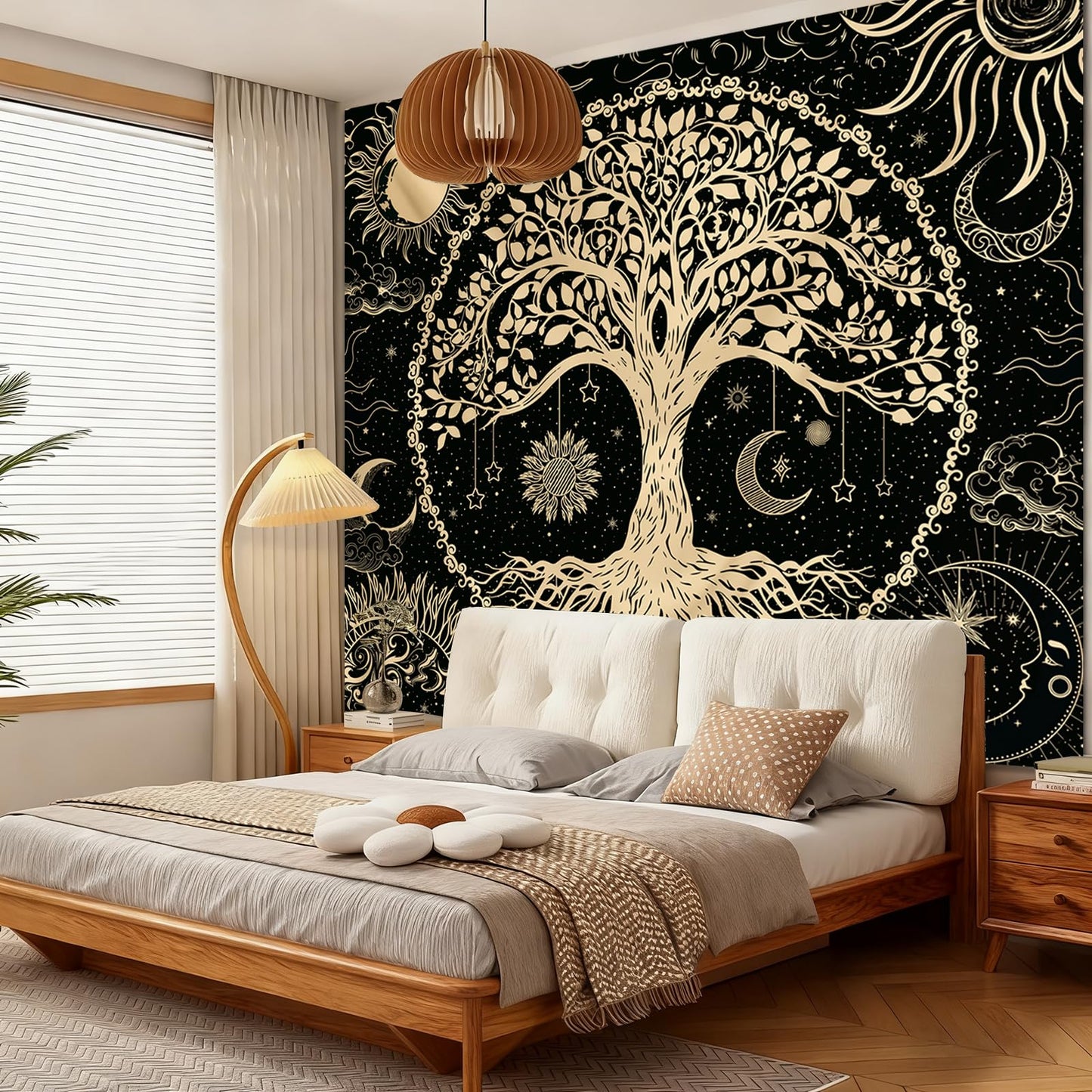 Avinyl Tree of Life Wall Tapestry for Bedroom, Sun and Moon Hippie Tapestries Aesthetic, Black and Gold Wall Hanging Home Decor for Dorm Living Room Office 51in x 60in