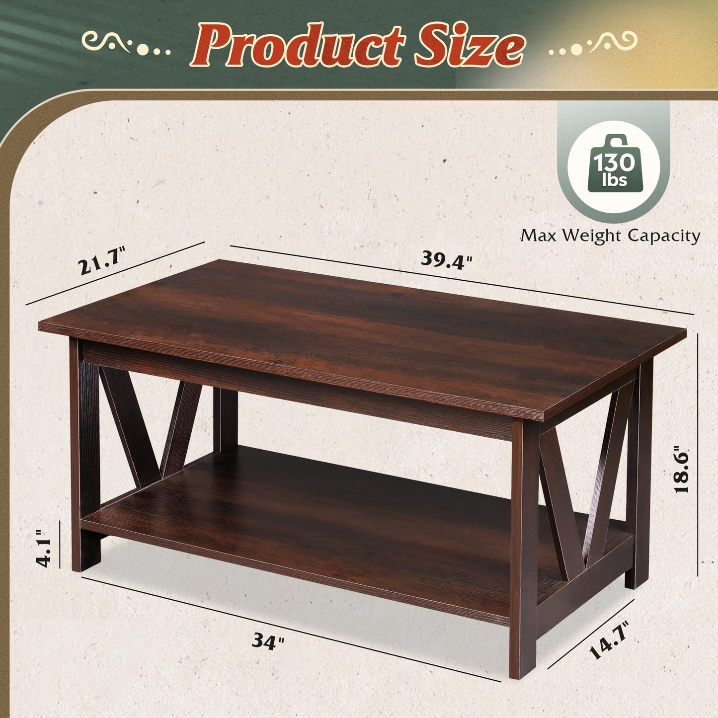 WLIVE Coffee Table with Storage Shelf, 39.4" Farmhouse Coffee Table with V-Frame Support, 2-Tier Wood Rustic Center Table for Living Room, Bedroom & Balcony, Espresso