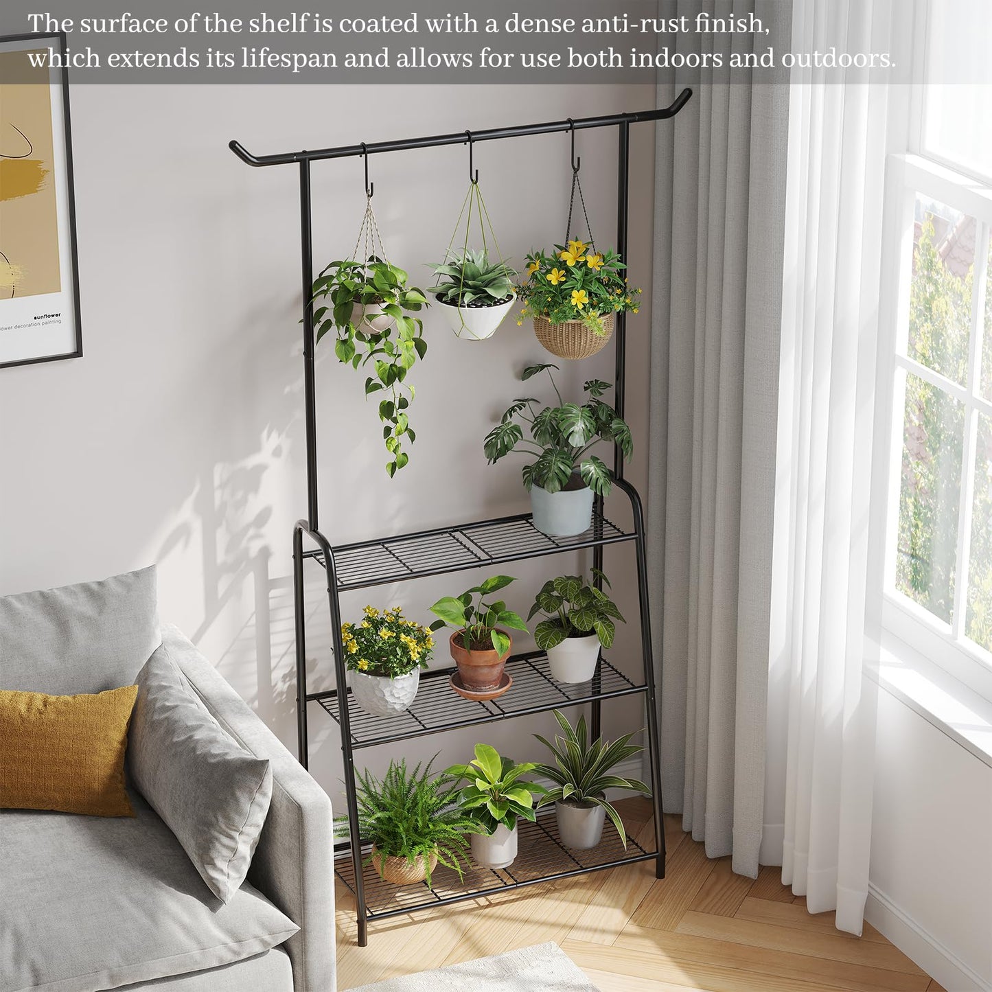 Kitsanery Plant Stand Indoor Outdoor,Metal Plant Stands for Multiple Plants,3 Tier Tall Hanging Plant Shelf,Large Heavy Duty Flower Holder Ladder Plant for Living Room, Patio, Balcony (Black)