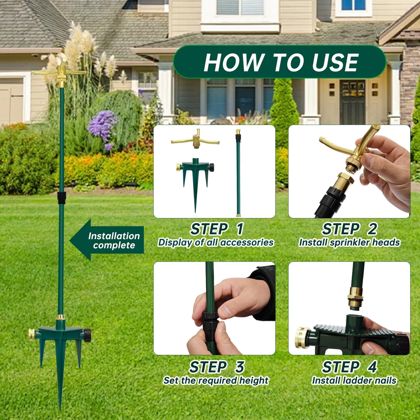 2 Pack Heavy Duty Lawn Sprinkler for Lawn Garden Yard, 360 Degree Rotating Telescoping Sprinkler with Spike, 3-Arm Adjustable Yard Sprinkler for Large Area Irrigation