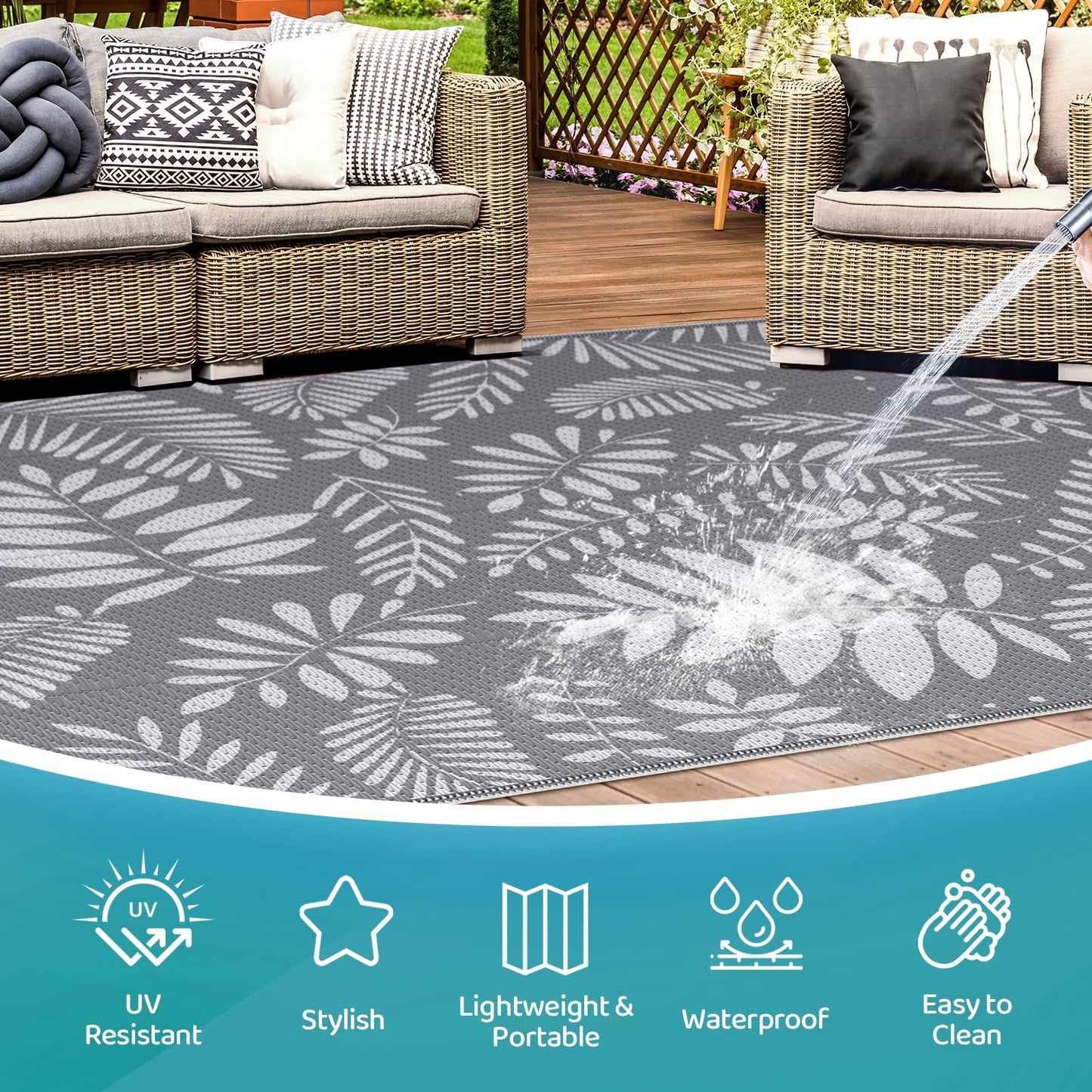 StepRite Outdoor Rug, Patio Rug, Plastic Straw Camping Rugs, Large Waterproof Area Rug and Mat for Outdoors, RV, Patio, Backyard, Deck, Porch, Beach, Balcony, (5'x 8', White&Gray)