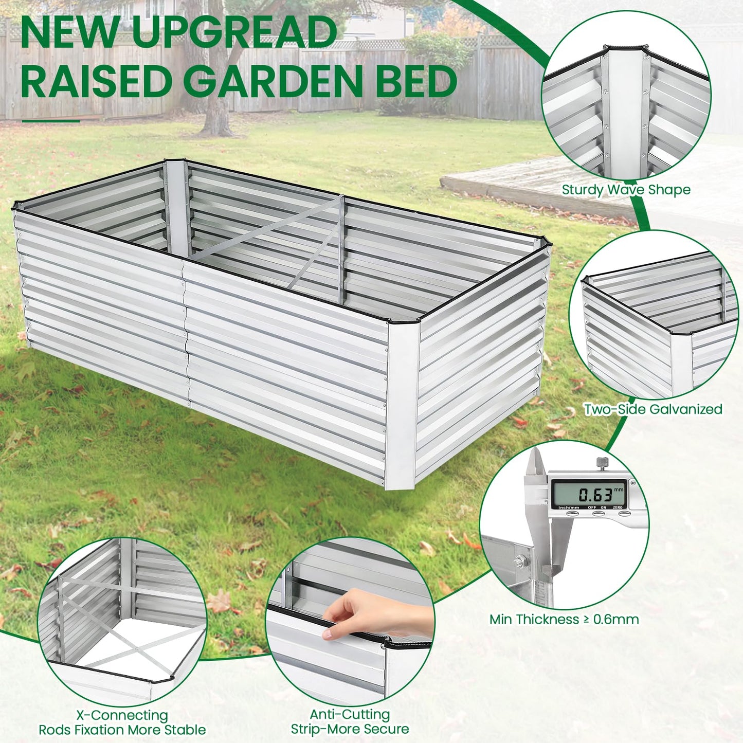 6x3x2FT Raised Garden Bed Kit, Galvanized Planter Raised Garden Boxes Outdoor w/Anti Cutting Strip & A pair of gloves, Deep Root Raised Planter for Vegetables, Fruits, Flowers and Herbs, Silver