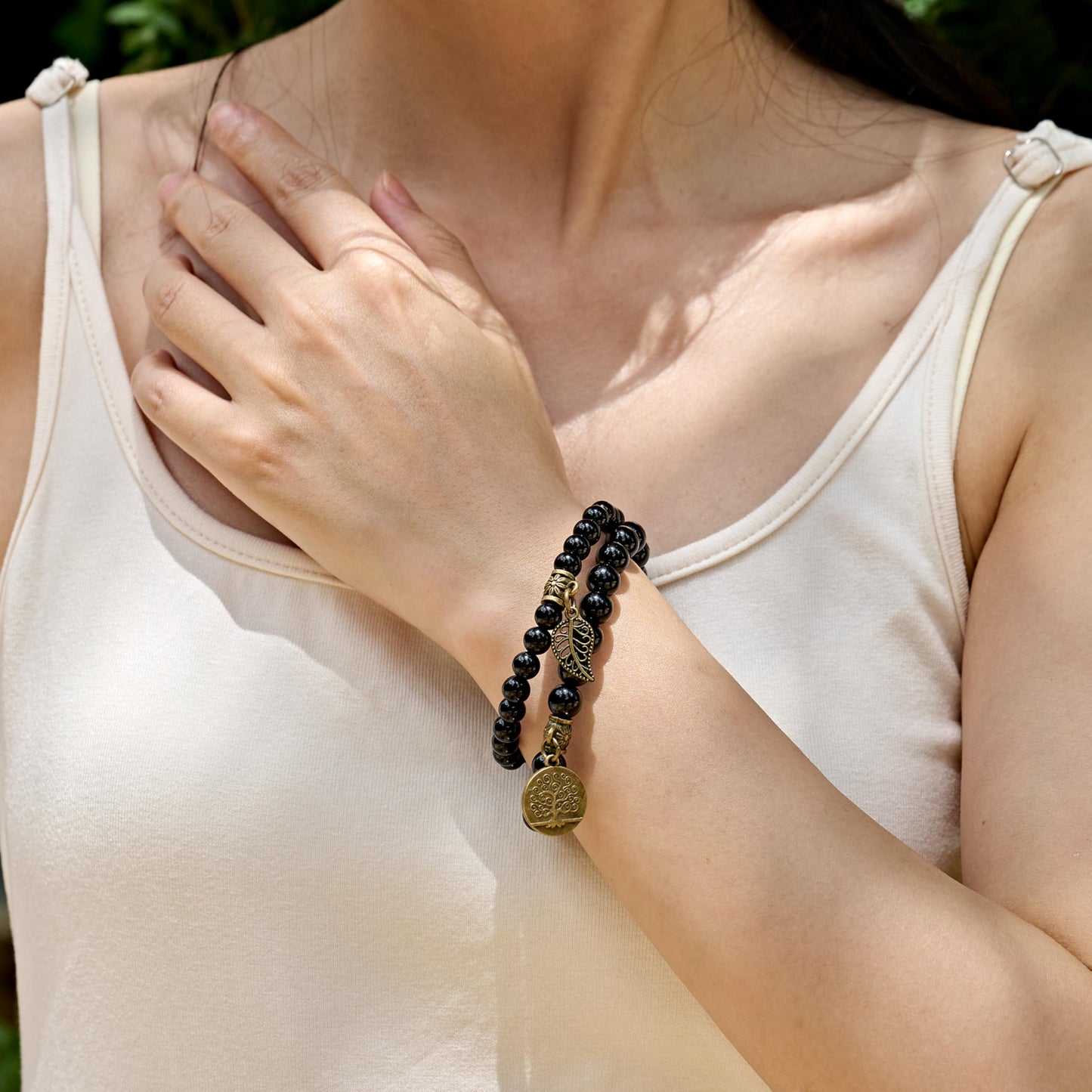 Bivei Natural Semi Precious Gemstone Beads Bracelet for Women - Life Tree and Leaf Charm Chakra Energy Anxiety Stretch Bracelets(Black Obsidian Bracelet Set)