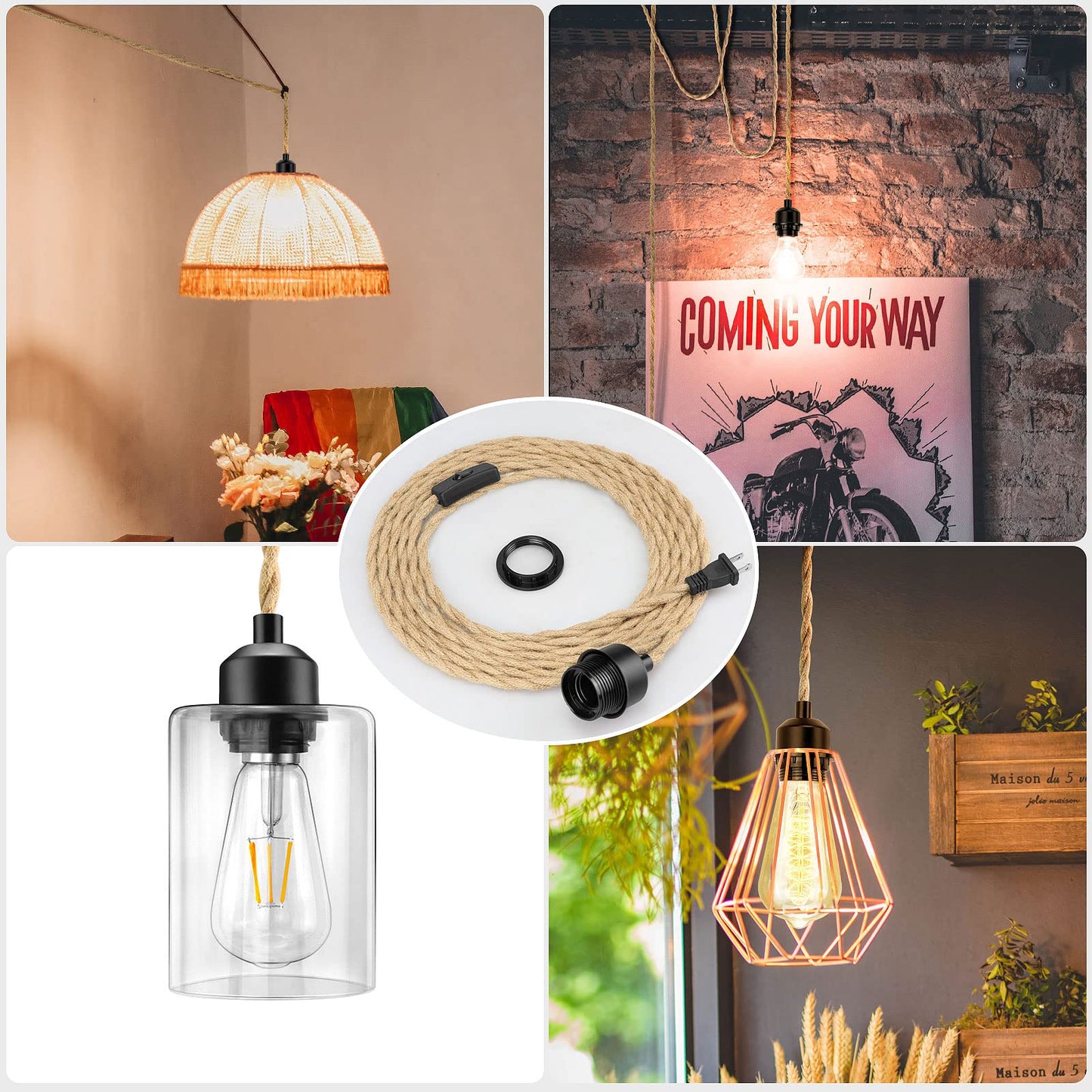 LYOOWNG Plug in Pendant Light Cord, Farmhouse Hanging Lights with Plug in Cord, 15FT Hemp Rope Plugin Hanging Light Cord Kit with On/Off Switch, E26 E27 Light SocketCord, Bulb NOT Included