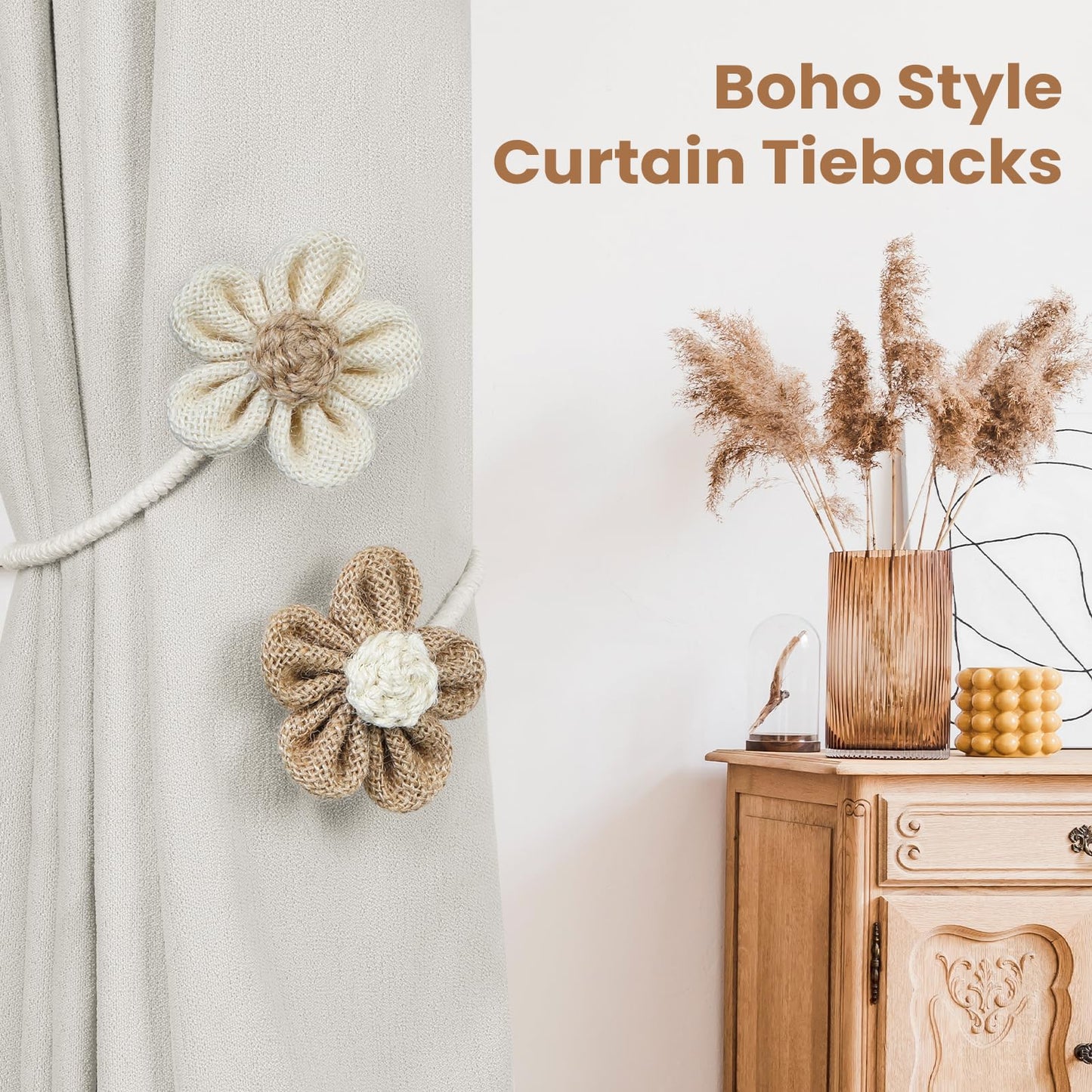 KLOGTSIND Flower Curtain Tiebacks, 2 Pack Boho Curtain Ties Elegant DIY Curtain Holdbacks, Decorative Window Drape Twist Tie Backs for Bedroom Decor, Nursery Decor, Farmhouse Decor