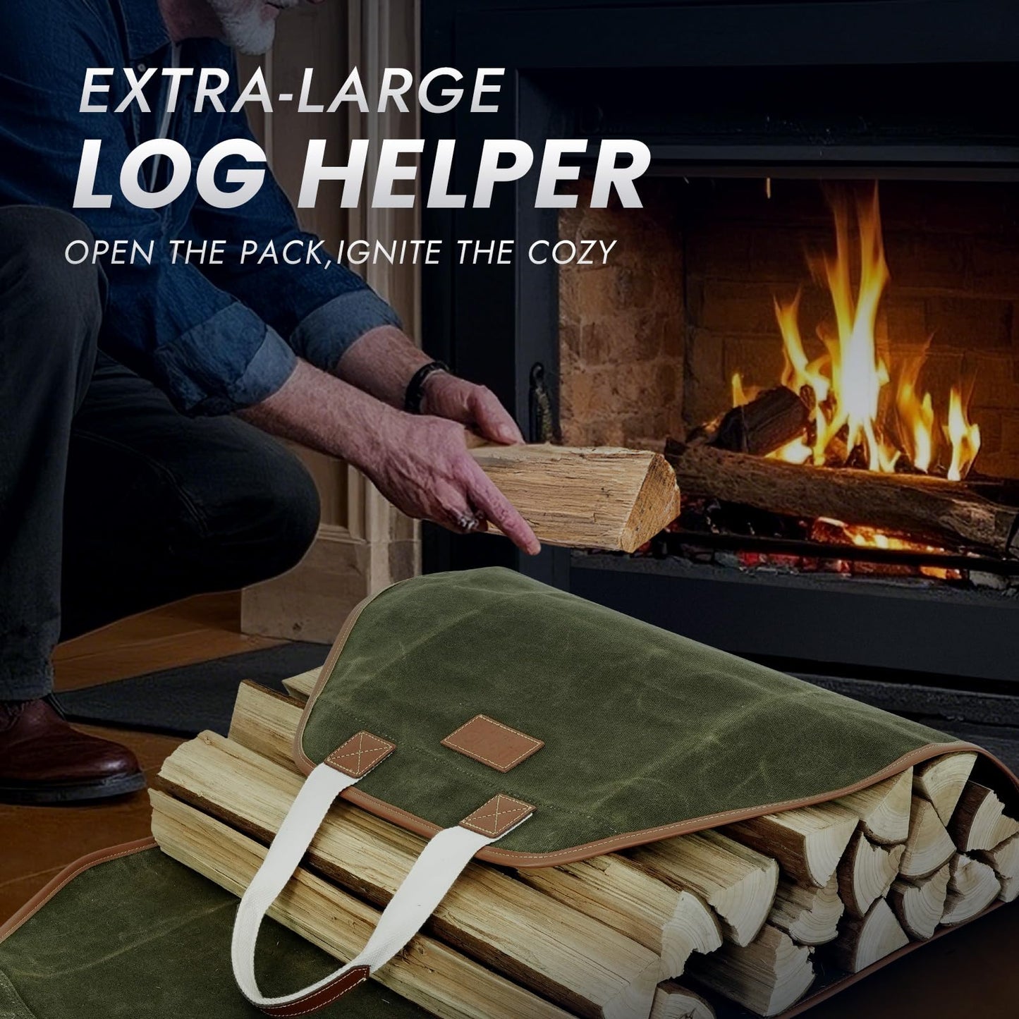 INNO STAGE Firewood Carrier - Waxed Canvas Wood Carrier for Firewood, Heavy Duty Log Carrier Bag As Wood Stove Accessories
