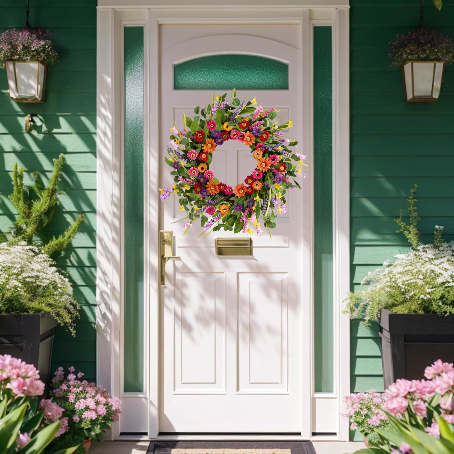 WSTPUPU Artificial Spring Wreath 22 Inch Summer Wreaths for Front Door with Green Eucalyptus Leaves Pink Daisy Lavender Spring Door Wreath for Farmhouse Wall Wedding Home Porch Easter