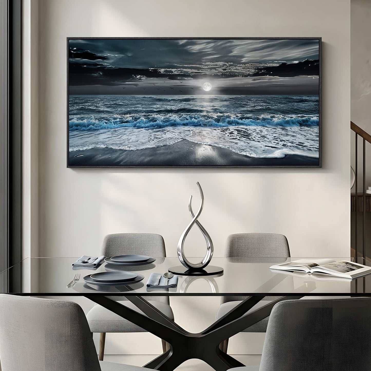 Framed Moonlight Coastal Wall Art for Living Room, Horizontal Blue and Black Beach Ocean Seascape Artwork for Walls, Large Canvas Picture Print for Bedroom Dining Room Office Wall Decor, 24x48 Inch