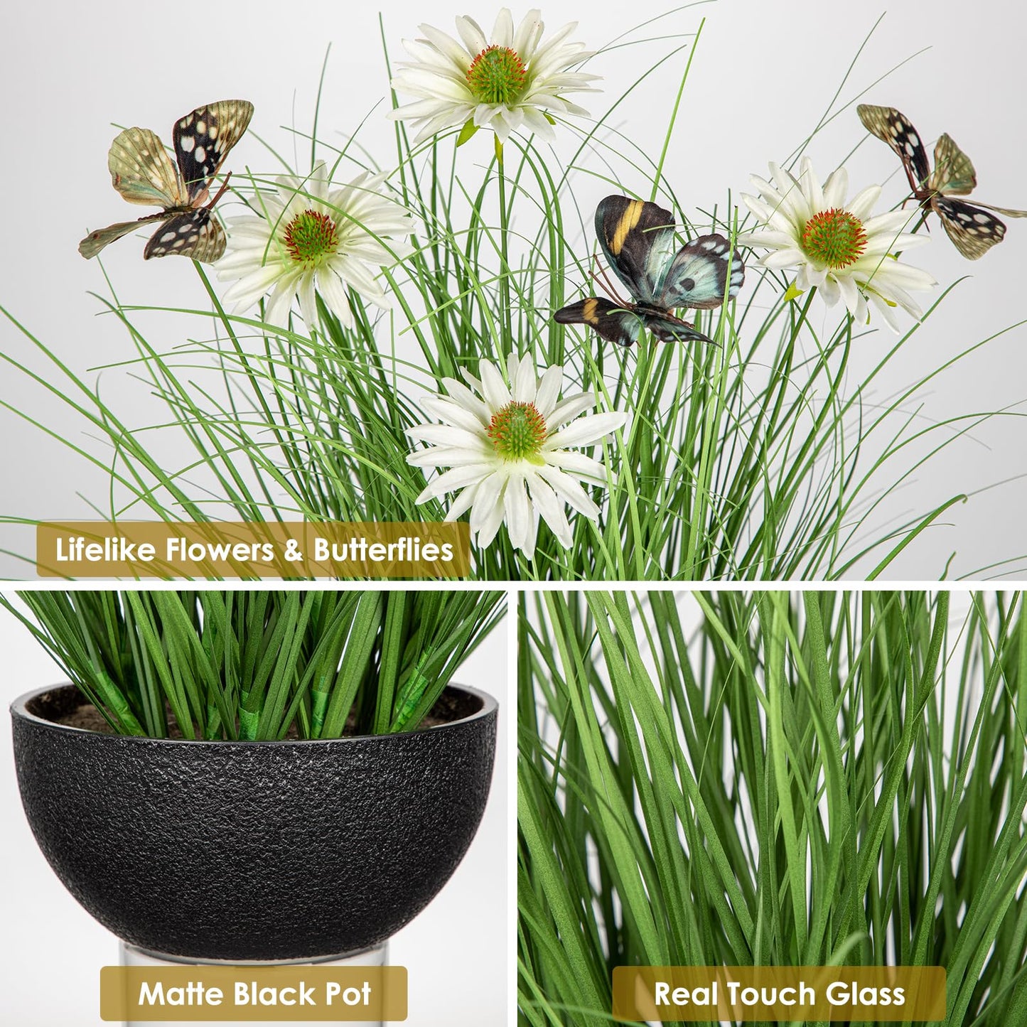 Artificial Plants Indoor with Pot, 17.3" Fake Potted Plants Artificial Onion Grass Plant with White Daisies Flowers and Butterflies Small Faux Plant Indoor for Home Living Room Table Shelf Decor