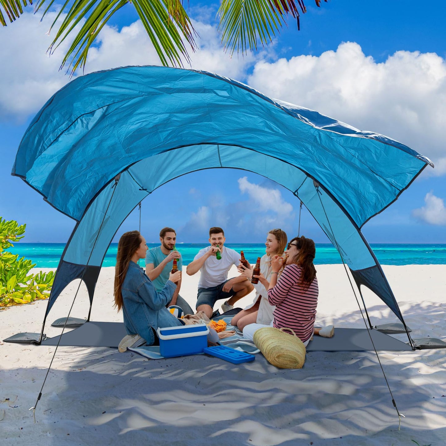 Flycoop 2026 Beach Tent with Floating Shade Sail – Portable & Ventilated Beach Umbrella Canopy with 360° Airflow, Dual Side Pockets & Extra Sun Coverage (3–4 People, 106 * 65 * 62"+75"*98" Sail)