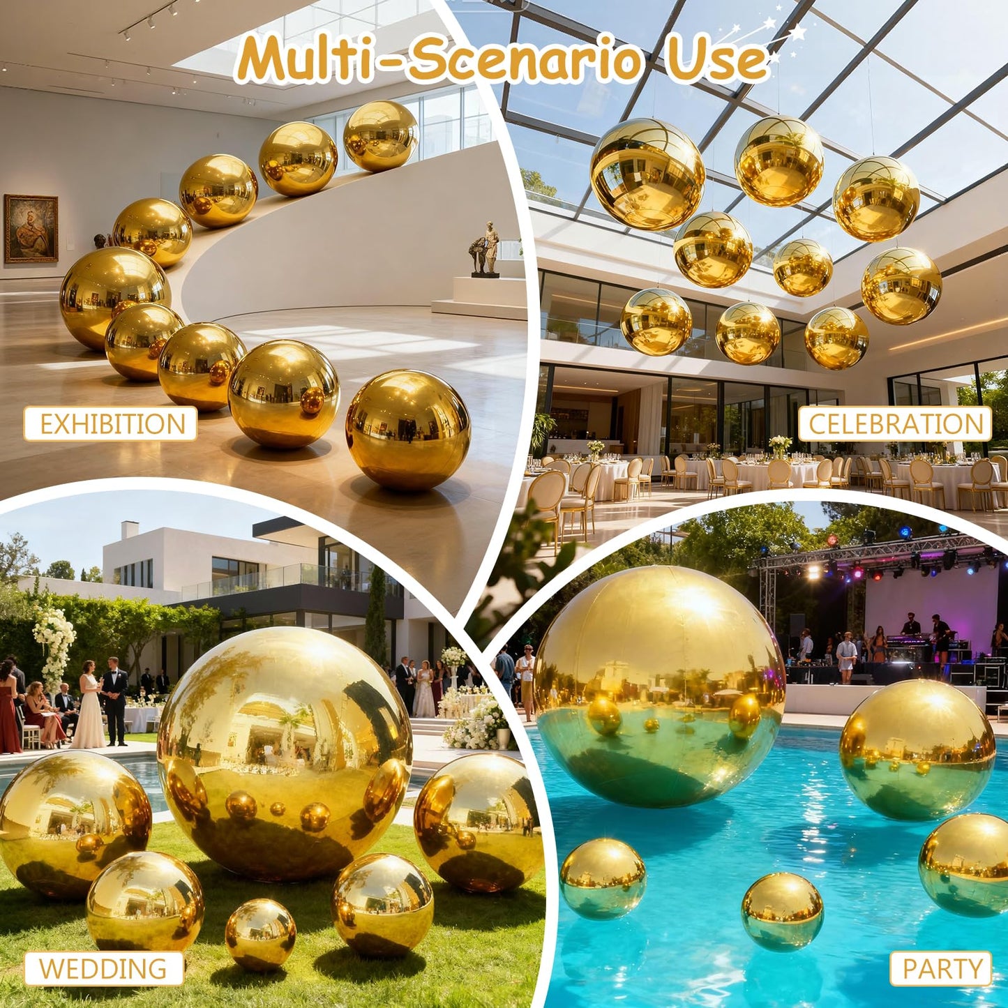 Gold Inflatable Mirror Ball 4pcs - Reusable Holiday Outdoor Balls Include Electric Pump, Reflective Hanging Big Mirror Ball Decor Bubble for Large Event Decoration, Party, Wedding