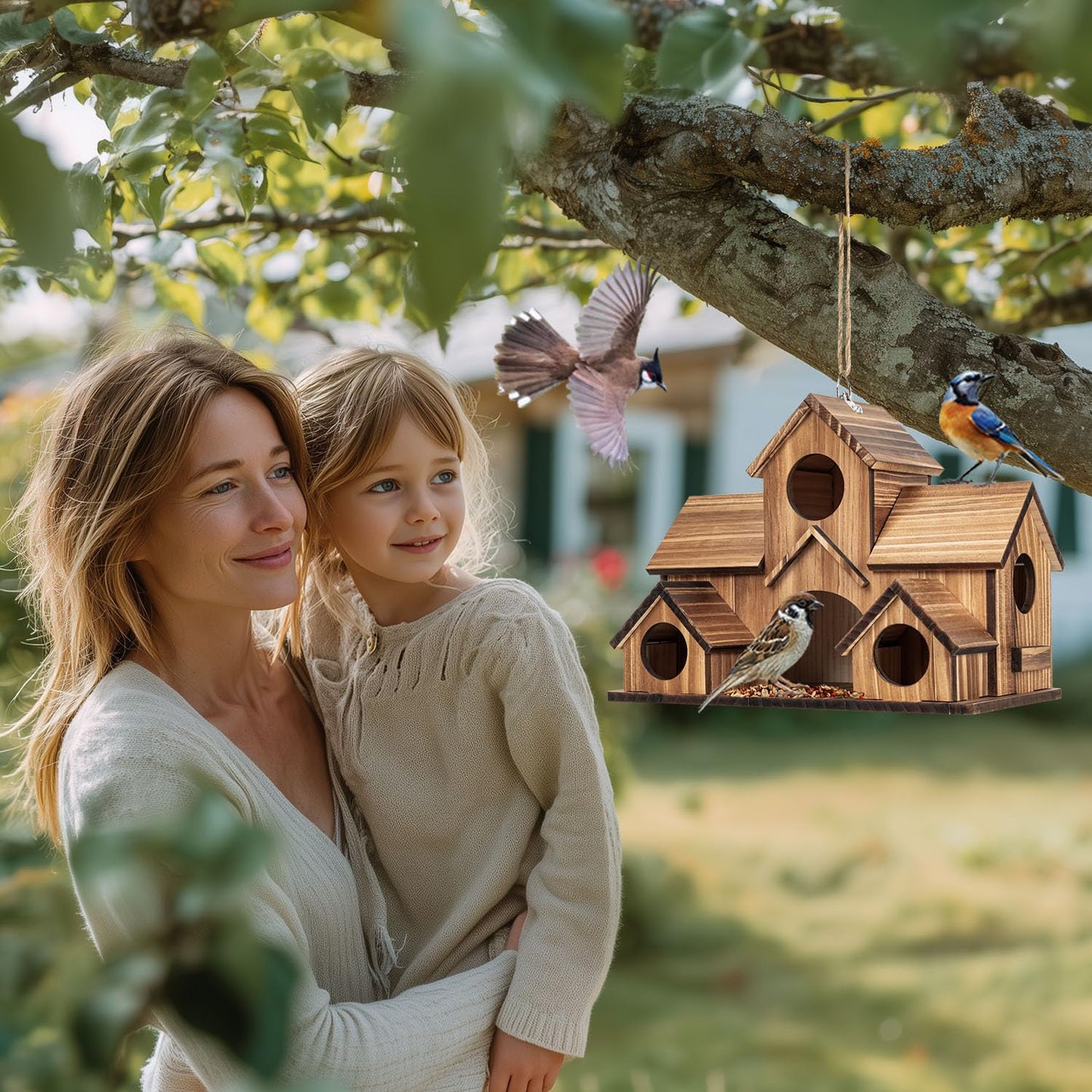 GLOPHOK Bird Houses for Outside, 5-Hole Wooden Birdhouse for Bluebirds Finch Swallow Wren Chickadee Hummingbird, Hanging Bird House for Outdoor Clearance Garden Courtyard