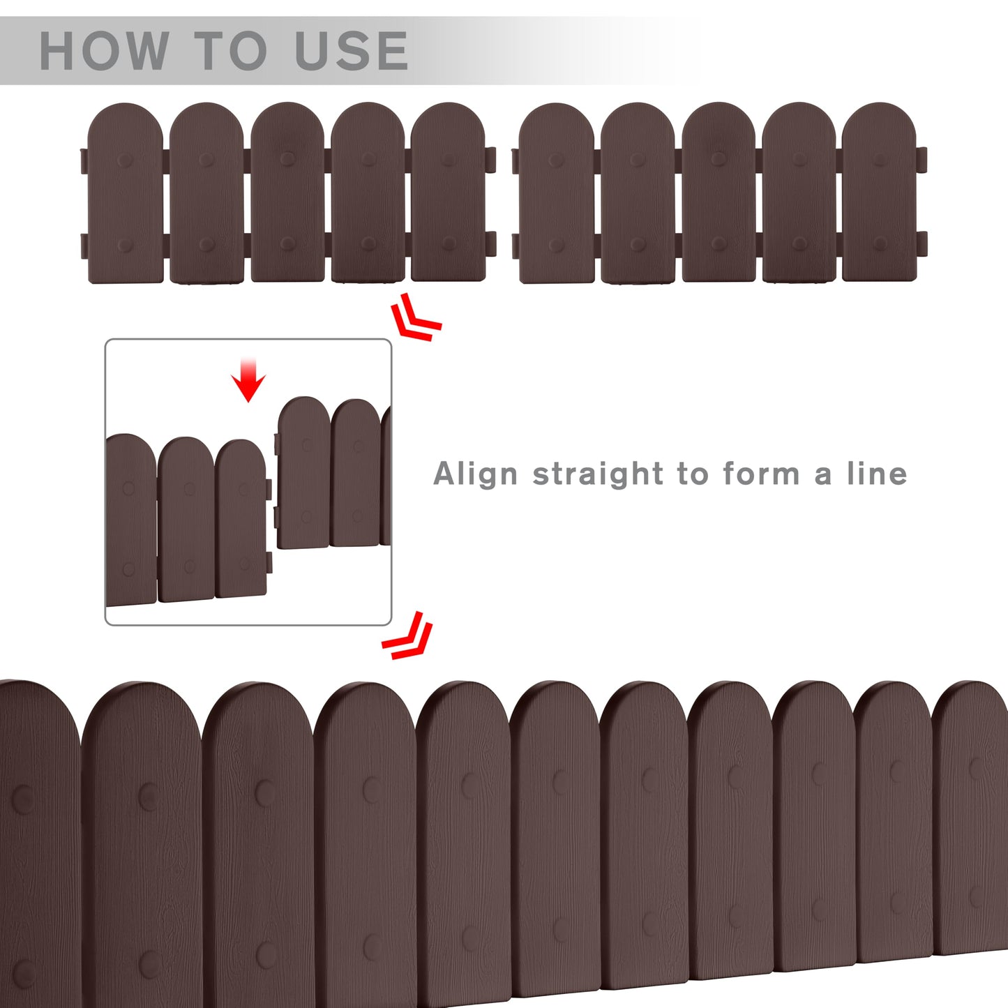 Evelyne Garden Border Plastic Edging: Wooden Fence Design - 8pcs Brown Yard Landscaping Fence Liner Lawn Edge Barrier - 10ft Kit of Decorative Lawn Panels Elements -Landscaping Edging-GMT-10374-A08