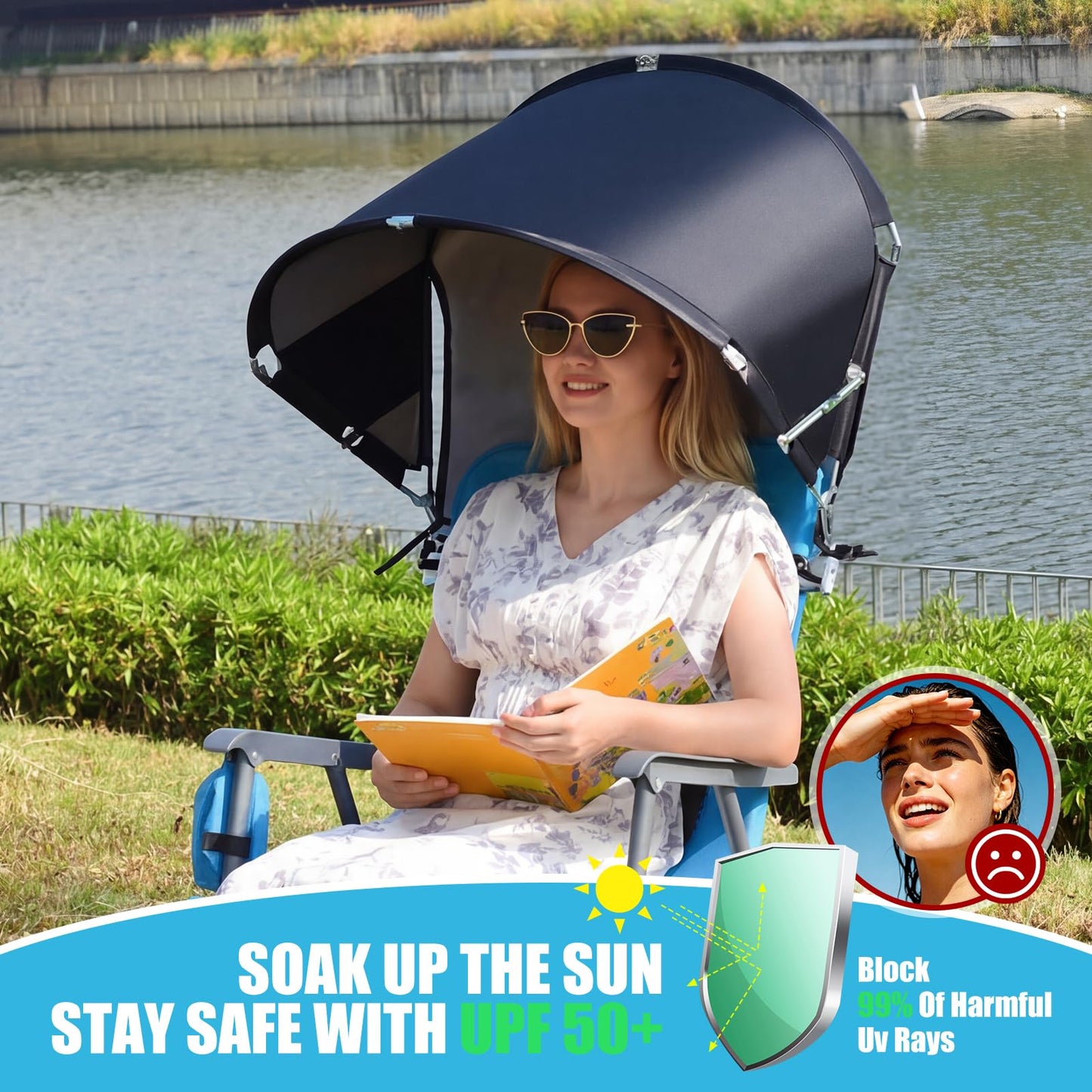 Universal Wind-Resistant Chair Umbrella Canopy, Foldable Portable UPF 50+ Sun Shade Attachment with Adjustable Clamp, Fits Most Beach, Outdoor, Camping, Lawn, Zero Gravity Chairs, Wheelchairs, 2 Pack