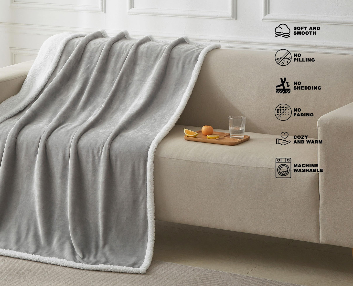 COZYXWORLD 480GSM Thick Warm Blanket, 50x60 Double-Layered Sherpa Fleece Throw for Couch, Oeko-TEX Certified, Soft Fuzzy Reversible, Grey 50x60