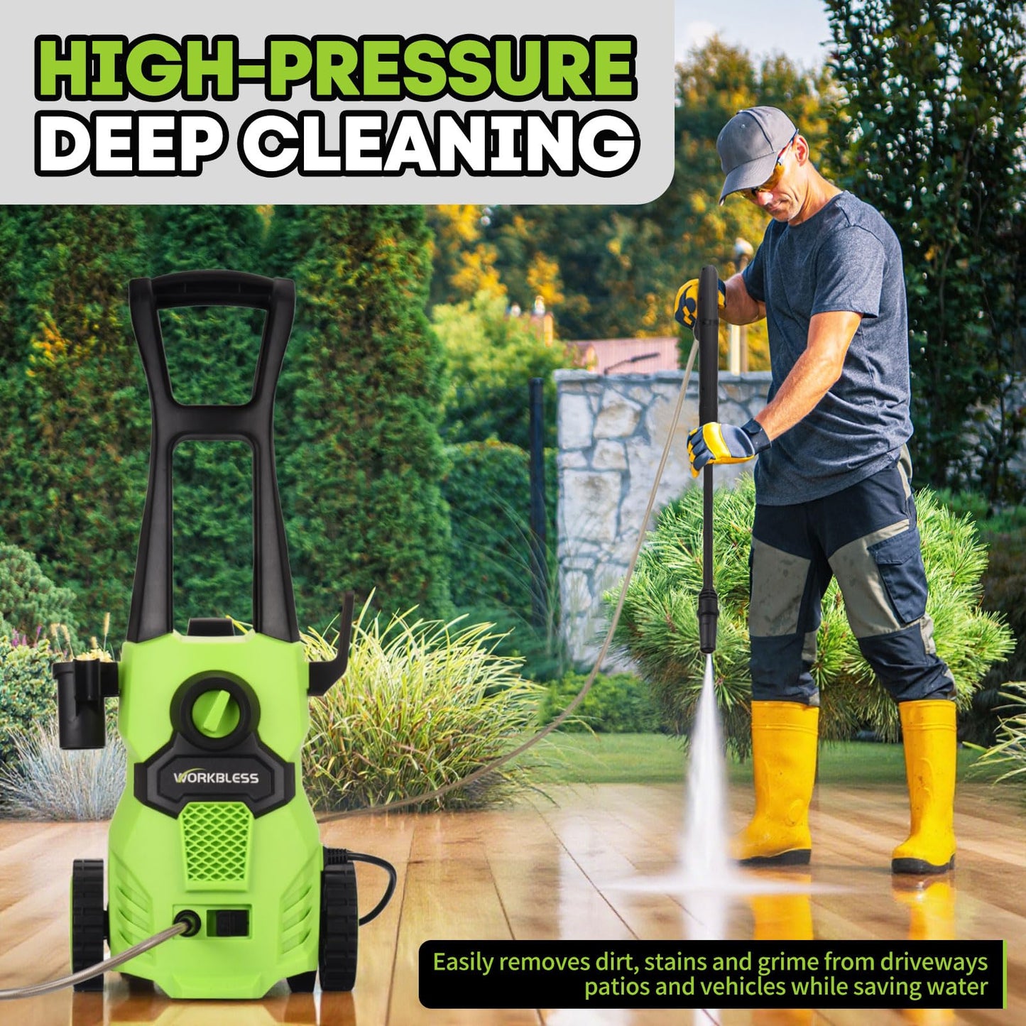 WorkBless Electric Pressure Washer, w/23ft Hose & 18ft Cord, Angle-Adjustable Nozzle, Foam Cannon, Power Washer for Car, Driveway, Patio, Fence, House Cleaning