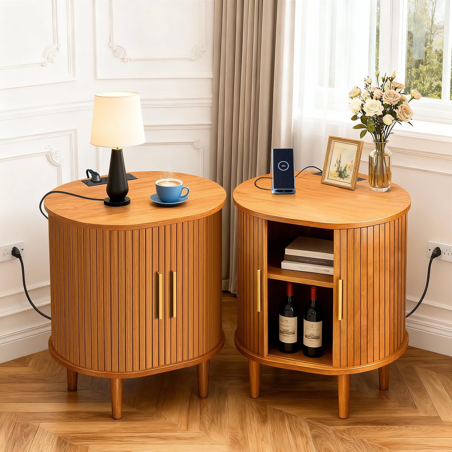 DHH Mid Century Modern Nightstand with Charging Station, Fluted Accent Side Table with Sliding Door & Adjustable Shelf, End Table for Small Space, Living Room, Bedroom,Sofa Couch(1, Yellow)
