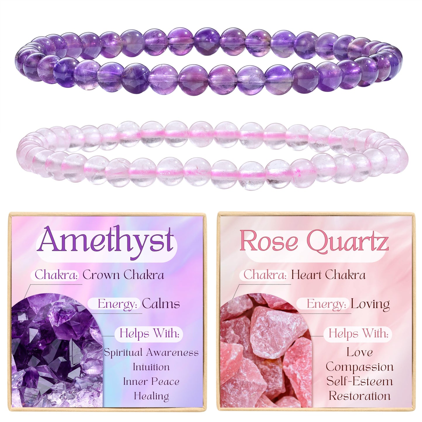 Bivei 2-Piece 4mm Beaded Bracelets for Women – Amethyst, Rose Quartz – Handmade Natural Crystal Stretch Elastic Jewelry for Meditation, Yoga, Protection Gifts