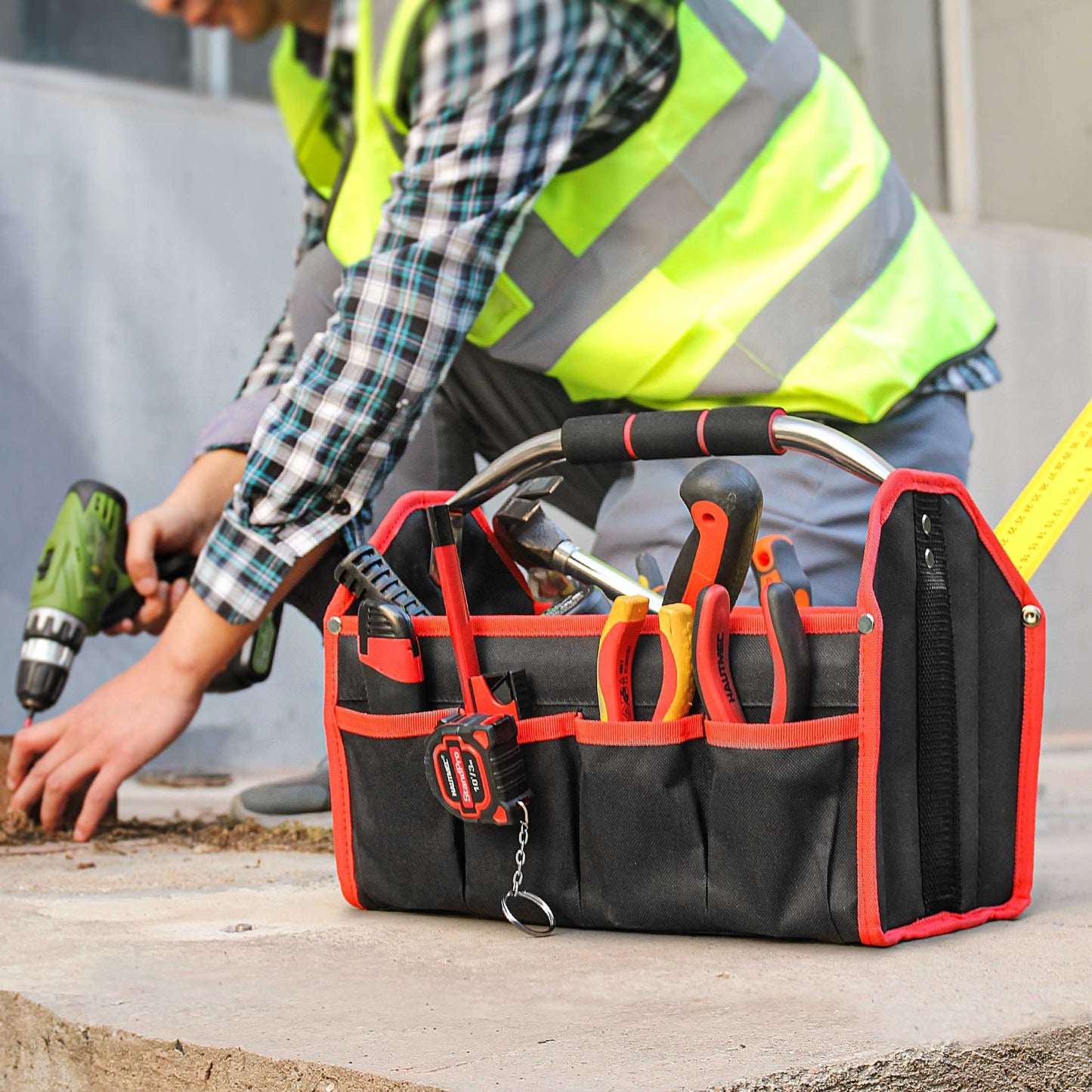 HAUTMEC 13 Inch Tool Bag, Foldable Open Top Tool Bag with Stiff Frame, Heavy-Duty Tool Tote with Padded Handle, Water-Resistant Base, Portable Tool Organizer for DIY & Jobsite Use – TB0001
