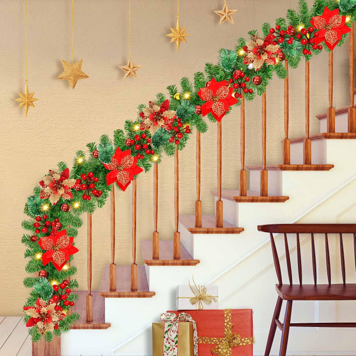 9Ft Pre-lit Christmas Garland with LED Lights Battery Operated, Holiday Decoration Stairs Wall Mantle Door Indoor Outdoor, Decorated with Red Flower, Balls, Berries, Snowy Pine, Christmas Collection