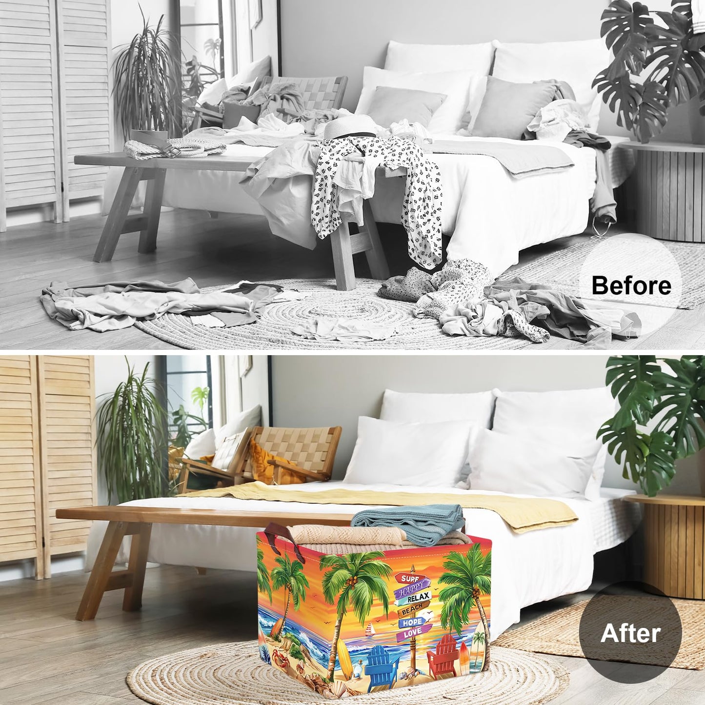 Clastyle Summer Beach Towel Storage Basket Palm Tree Lounger Kid Gift Toy Box Baby Laundry Hamper Collapsible Large Clothes Organizer Nursery Bin for Outdoor, Seashores, 40 * 30 * 30 cm