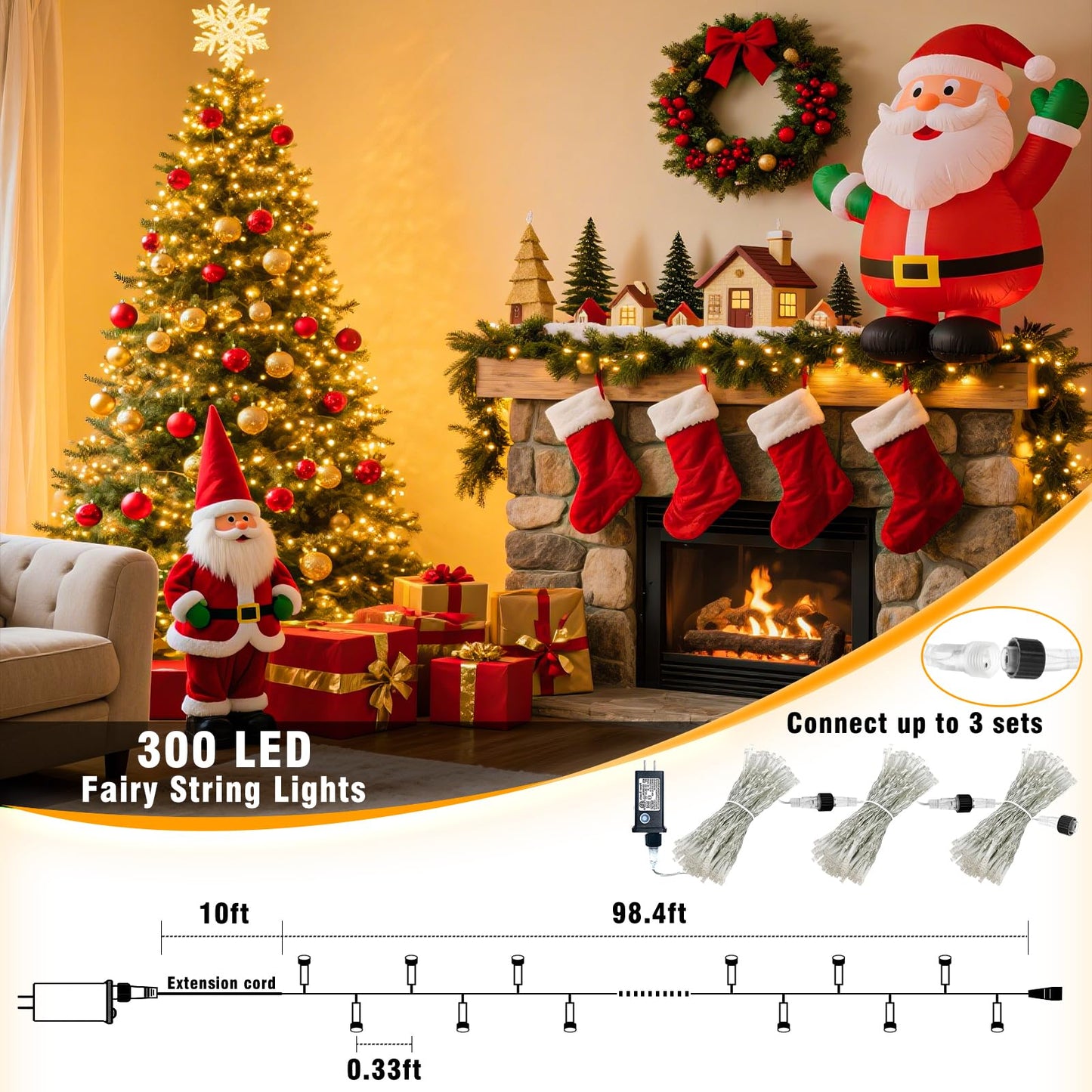 100ft 300 LED String Lights Indoor Connectable Warm White Christmas Lights Outdoor Waterproof, Twinkle Fairy Lights Plug in Clear Wire for Outside Wedding Bedroom Garden Tree Decorations