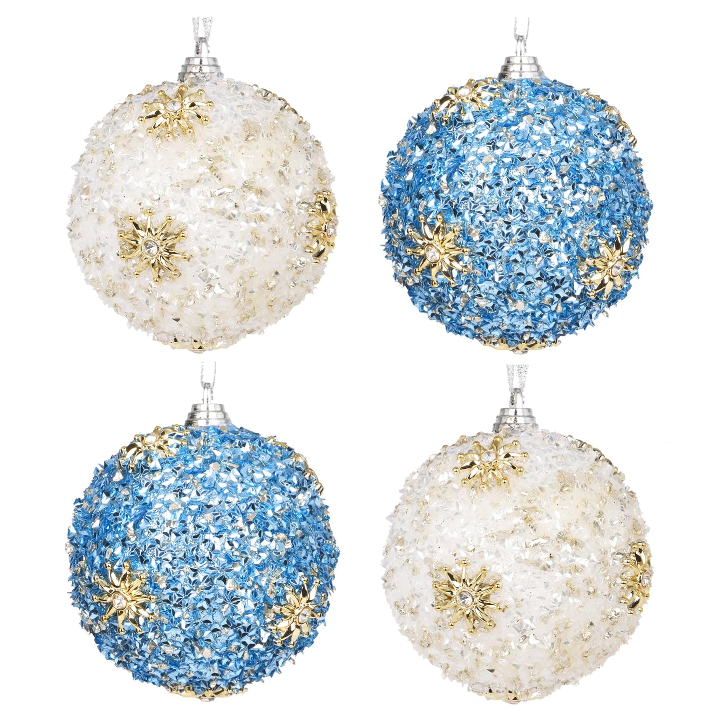 Set of 4 White & Blue Christmas Tree Ornaments, 3.15" Glitter Crushed-Ice Ball Ornaments with Gold Sunburst Accents, Handcrafted Shatterproof Hanging Decorations for Xmas Tree & Holiday Home Decor