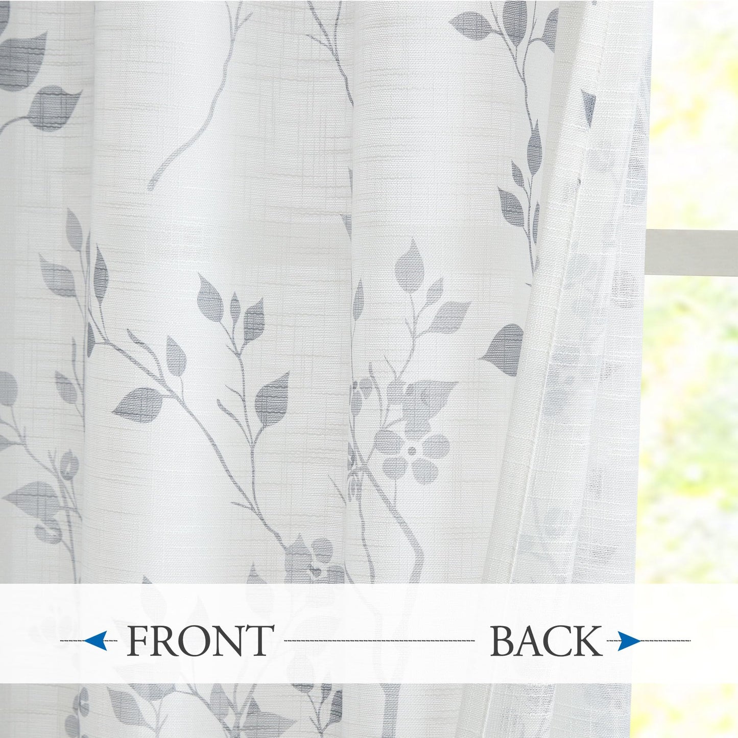 Beauoop Floral Linen Semi Sheer Curtains 84 Inches Long 2 Panels for Living Room Bedroom Grey Farmhouse Flower Patterned Light Filtering Textured Grommet Top Window Treatments Drapes, 50x84 2 Set