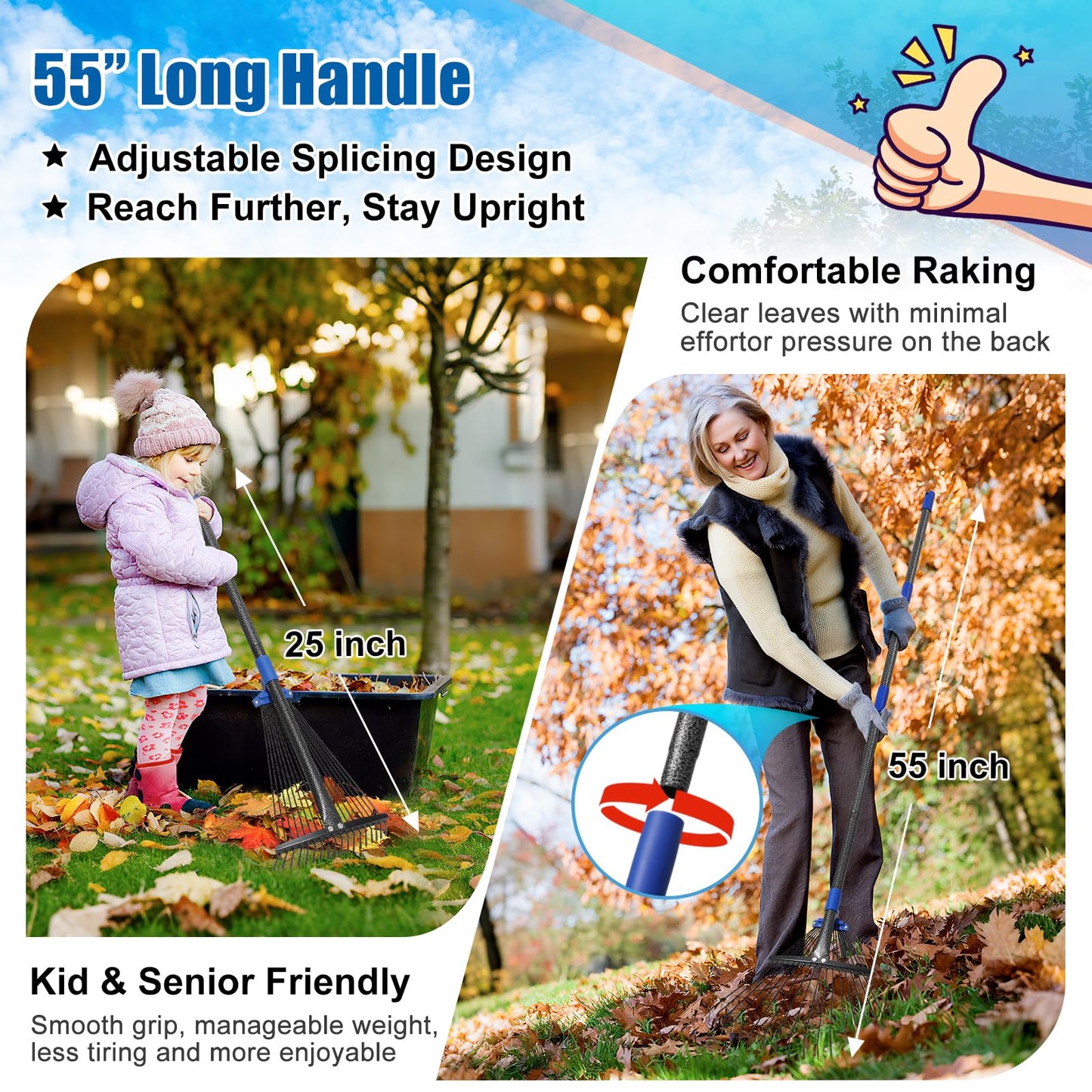 Rake for Leaves: Adjustable Metal Leaf Rake for Lawn, 8-17" Expandable Head, 45” Long Handle,Collapsible Heavy Duty Women Kids Garden Rakes for Yard Pine Needles Mulch Grass Debris Gardening Camping
