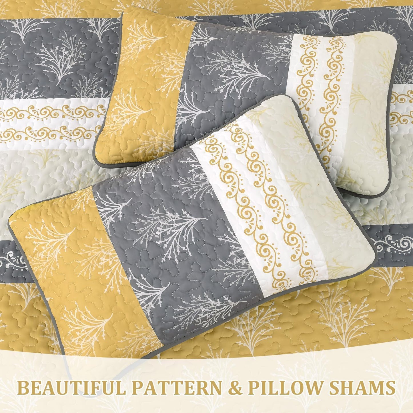 DJY Yellow Boho Quilt Set Queen Size, Striped Floral Yellow and Grey Bedspread Coverlet, 3 Pieces Patchwork Stripe Quilt Bedding Set Soft Microfiber Reversible Bedspread for All Season (96"x90")