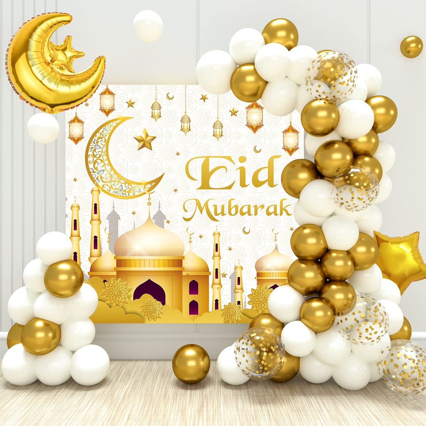 Eid Mubarak Decorations - 70PCS White Gold Ramadan Confetti Balloons with Mubarak Moon Star Foil Balloon, Backdrop for Party Supplies, Eid Decorative Banner for al-Fitr and al-Adha Decor
