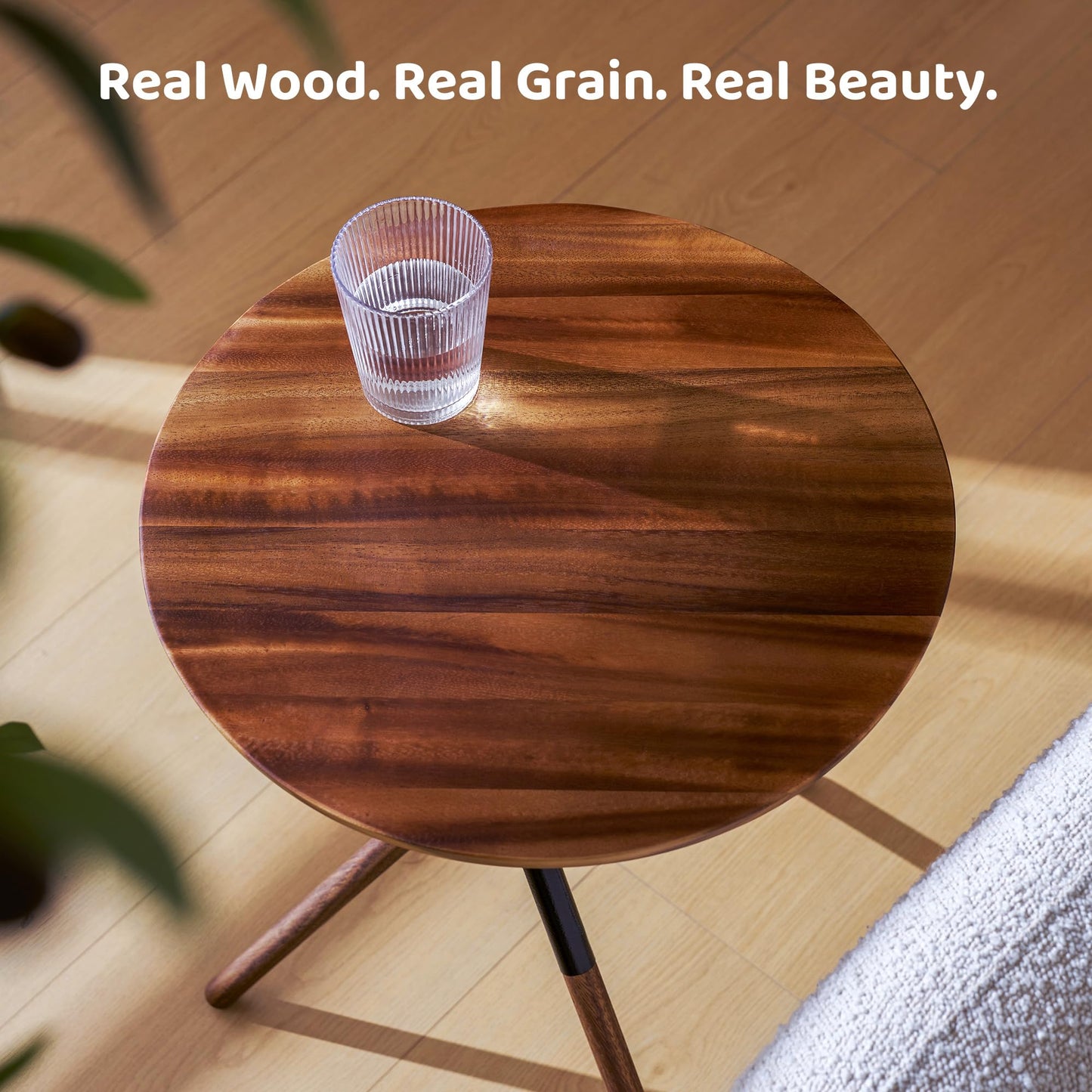 RECCI Small Round Side Table, Modern Solid Wood End Table with FSC Certified Wood & Knotted Metal Frame, Small Accent Couch Sofa Side Table for Living Room Bedroom, Walnut