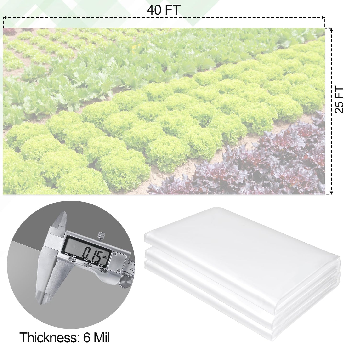 25 x 40 FT Clear Greenhouse Plastic Sheeting, 6 Mil Polyethylene Film Heavy Duty, Water Sun Frost Wind Dust Resistant Winter Hoop House Toughness Plastic Cover for Farming, Gardening, Agriculture, DIY