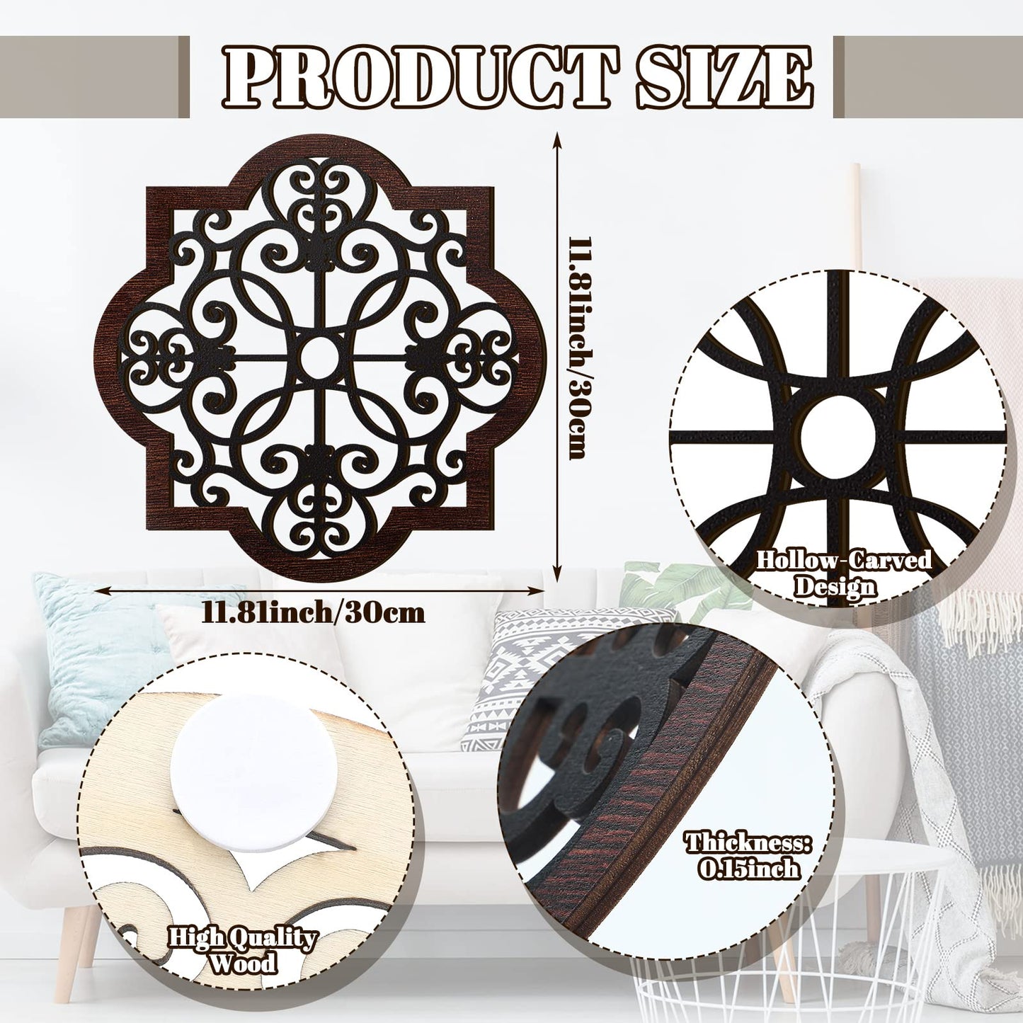 Zhanmai 3 Pieces Thicken Rustic Wood Wall Decor Farmhouse Geometric Wall Art Farmhouse Hanging Decoration for Living Room Bedroom Home Indoor Outdoor Office, 12 x 12 Inch, Brown