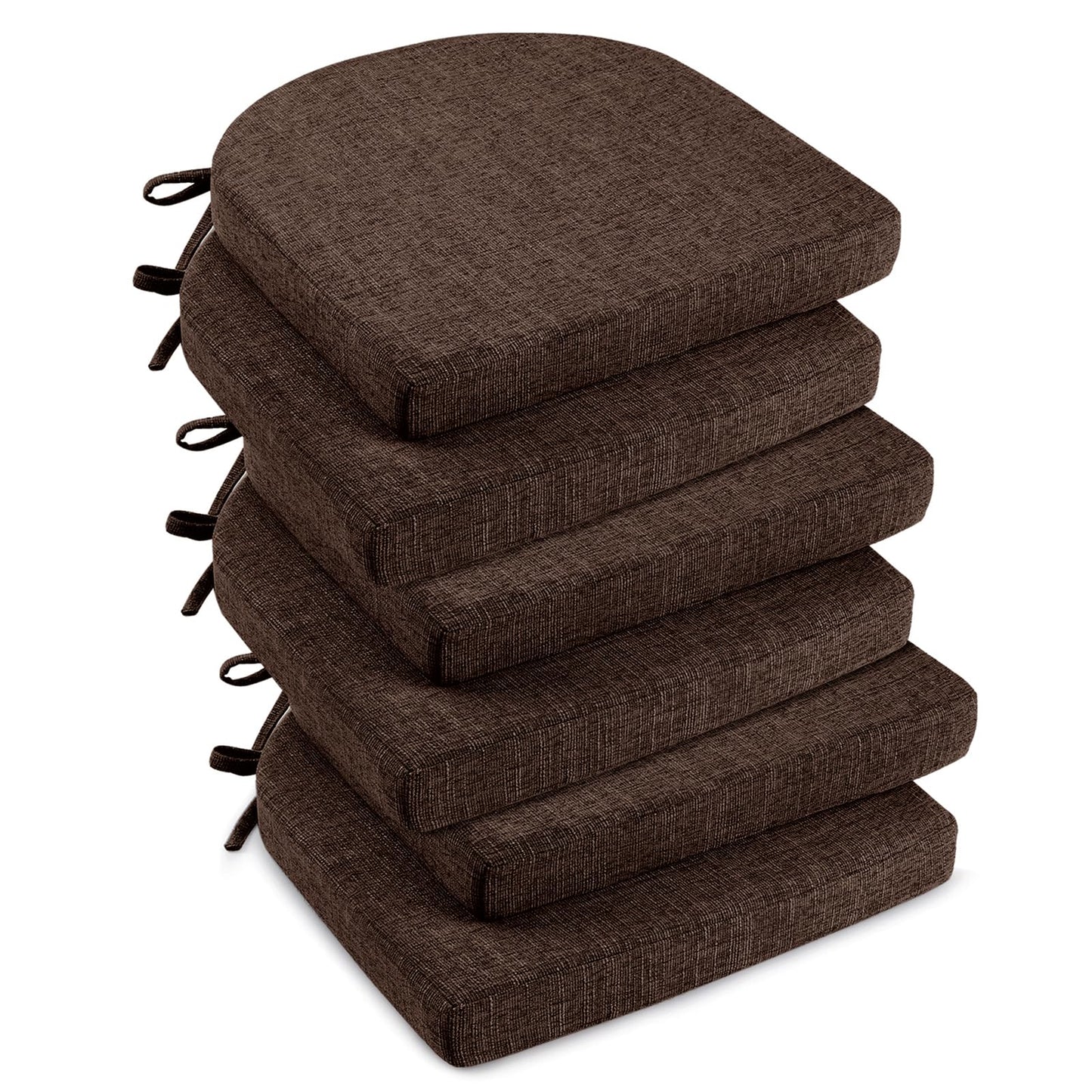 downluxe Indoor Chair Cushions for Dining Chairs, Soft and Comfortable Textured Foam Kitchen Chair Pads with Ties and Non-Slip Backing, 16" x 16" x 2", Brown, 6 Pack